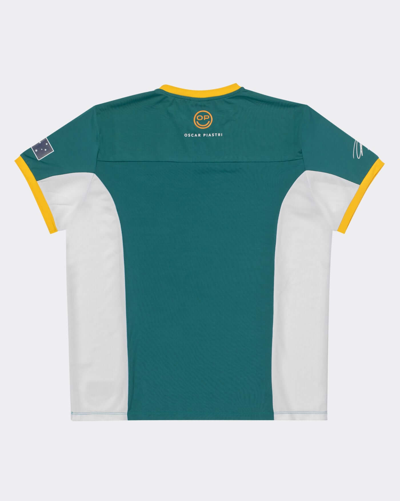 Back view of the Home Race '26 Jersey in Aussie green and gold with signature branding and ribbed collar.