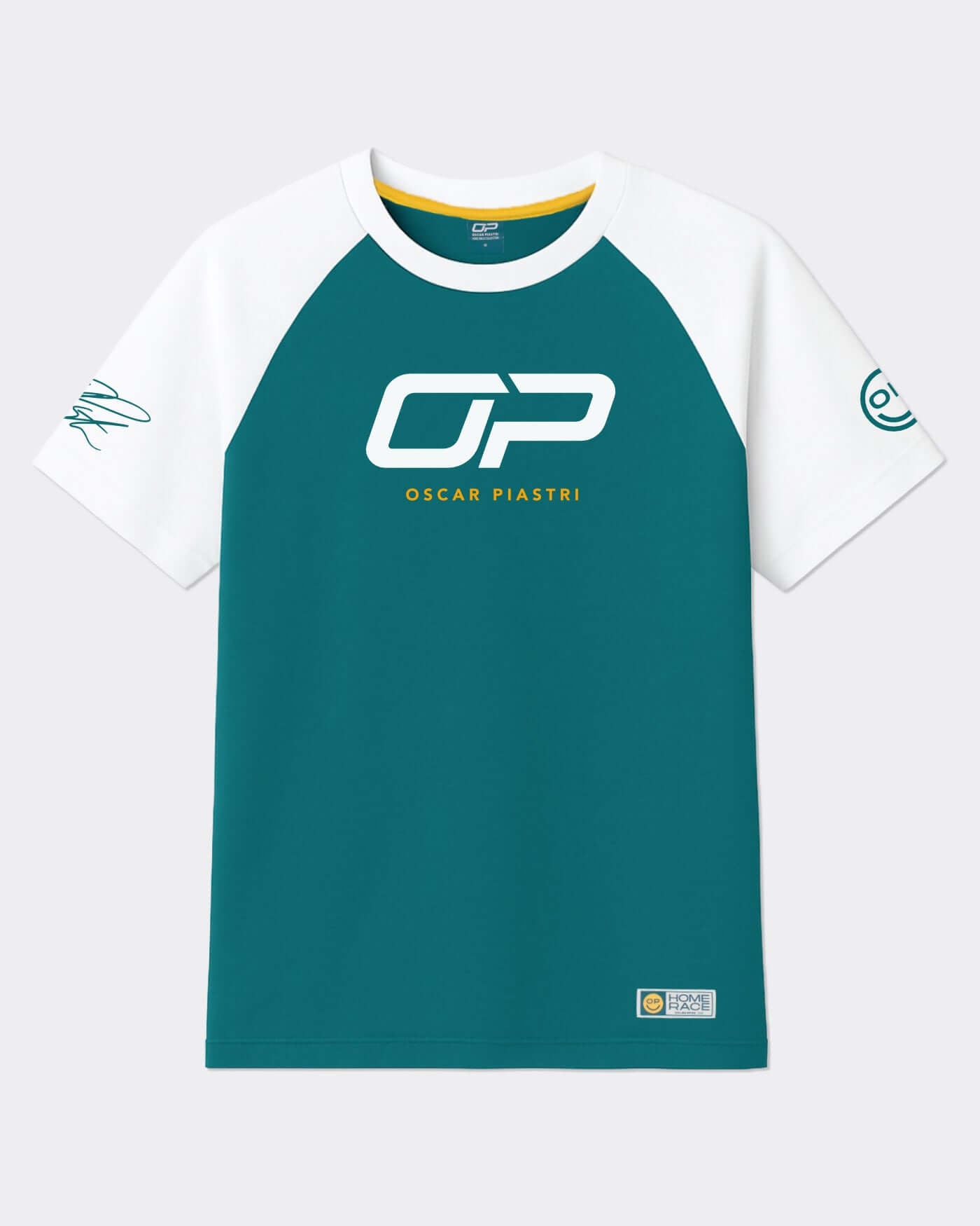 Home Race '26 T-Shirt - Green featuring Oscar Piastri's logo and a modern design with bold colors.