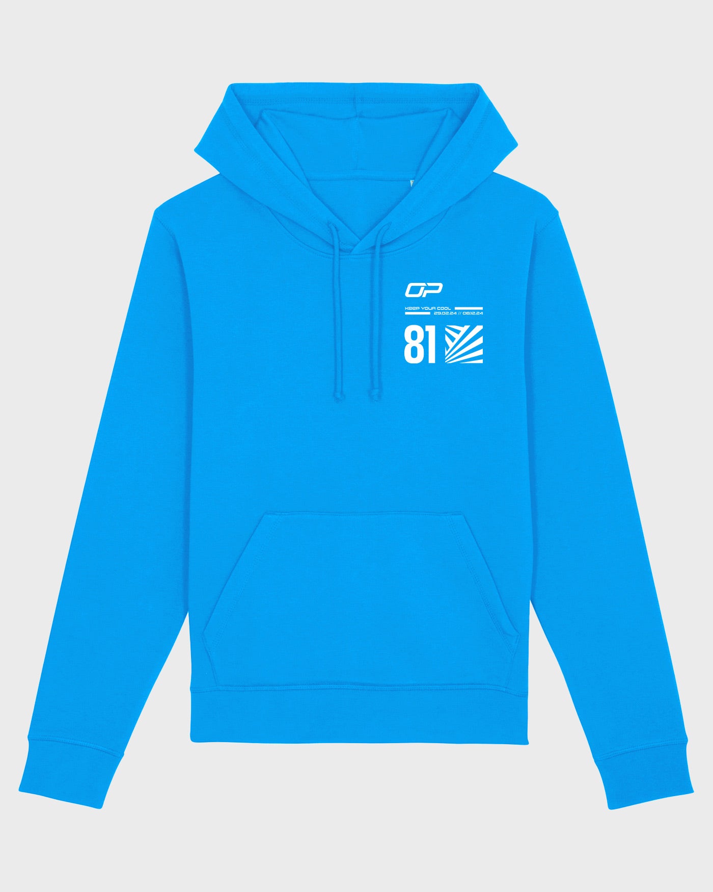 Aqua Keep Your Cool hoodie with OP logo, F1 2024 season dates, and racing number, inspired by Oscar Piastri's helmet, unisex design.