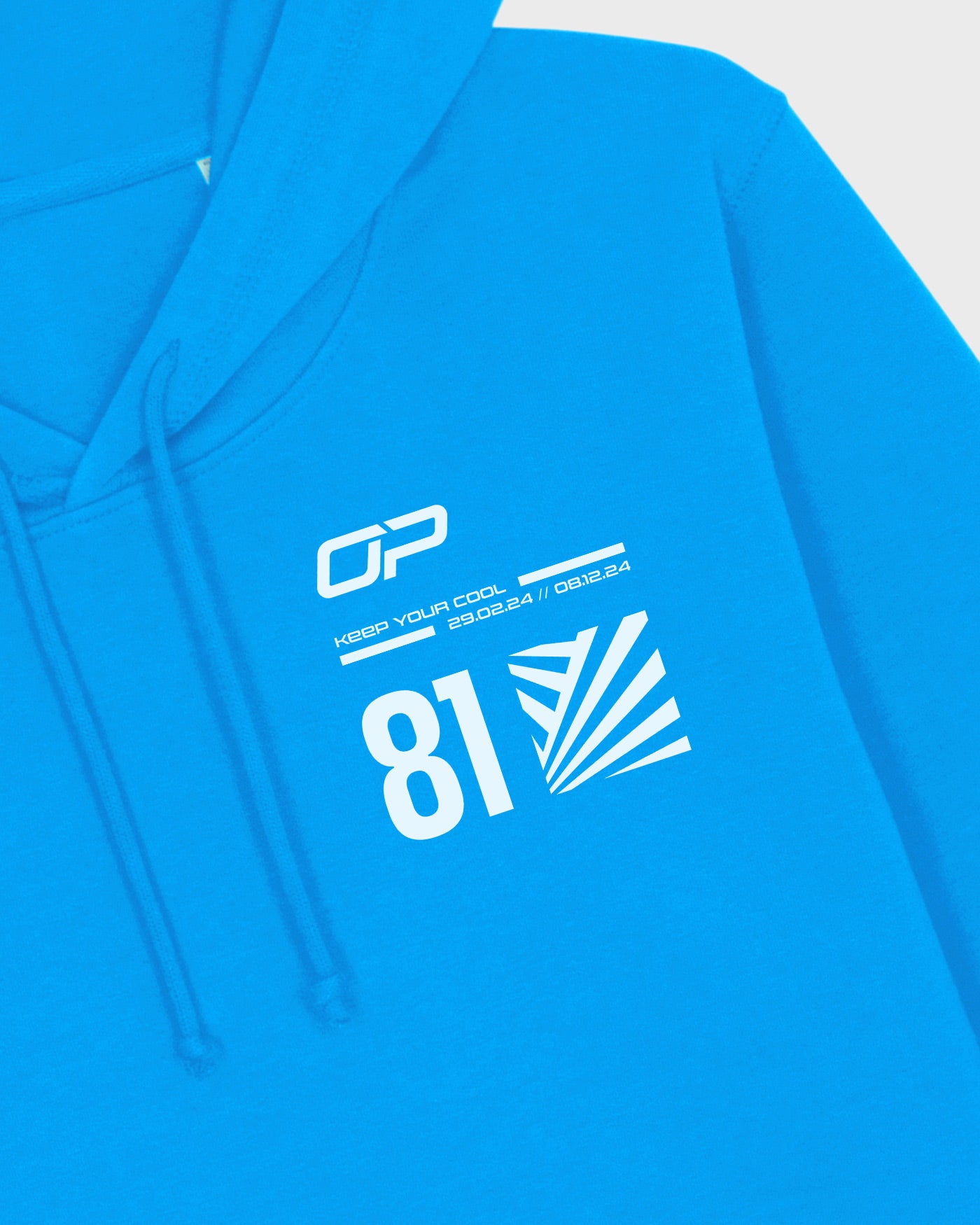 Aqua Keep Your Cool Hoodie featuring OP logo, F1 2024 season dates, racing number 81, and dazzle effect. Perfect for racing enthusiasts.