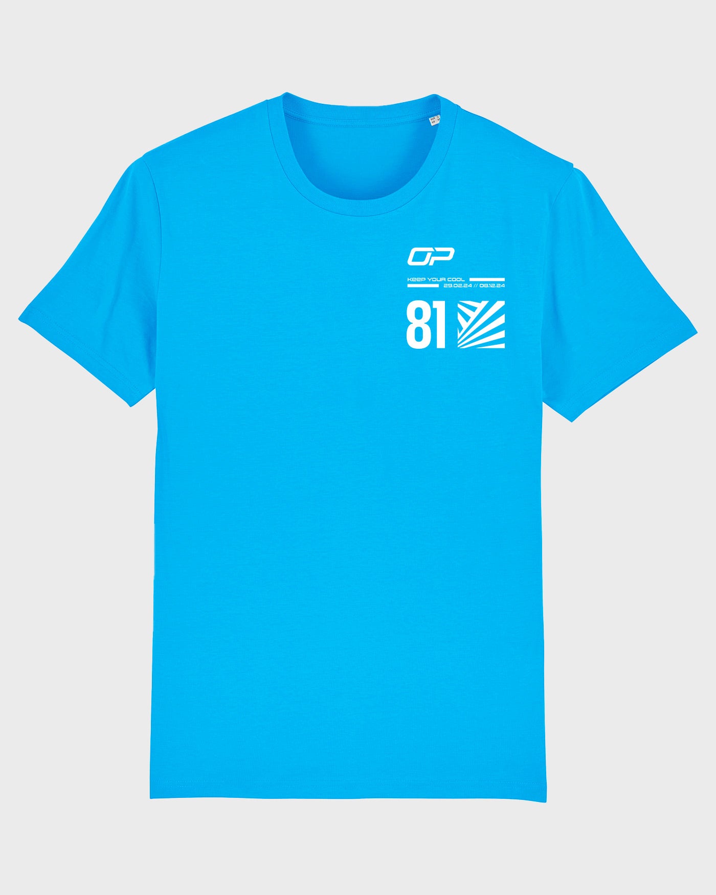 Keep Your Cool Aqua T-Shirt featuring OP logo, F1 2024 season dates, racing number, and dazzle effect inspired by Oscar Piastri's helmet.