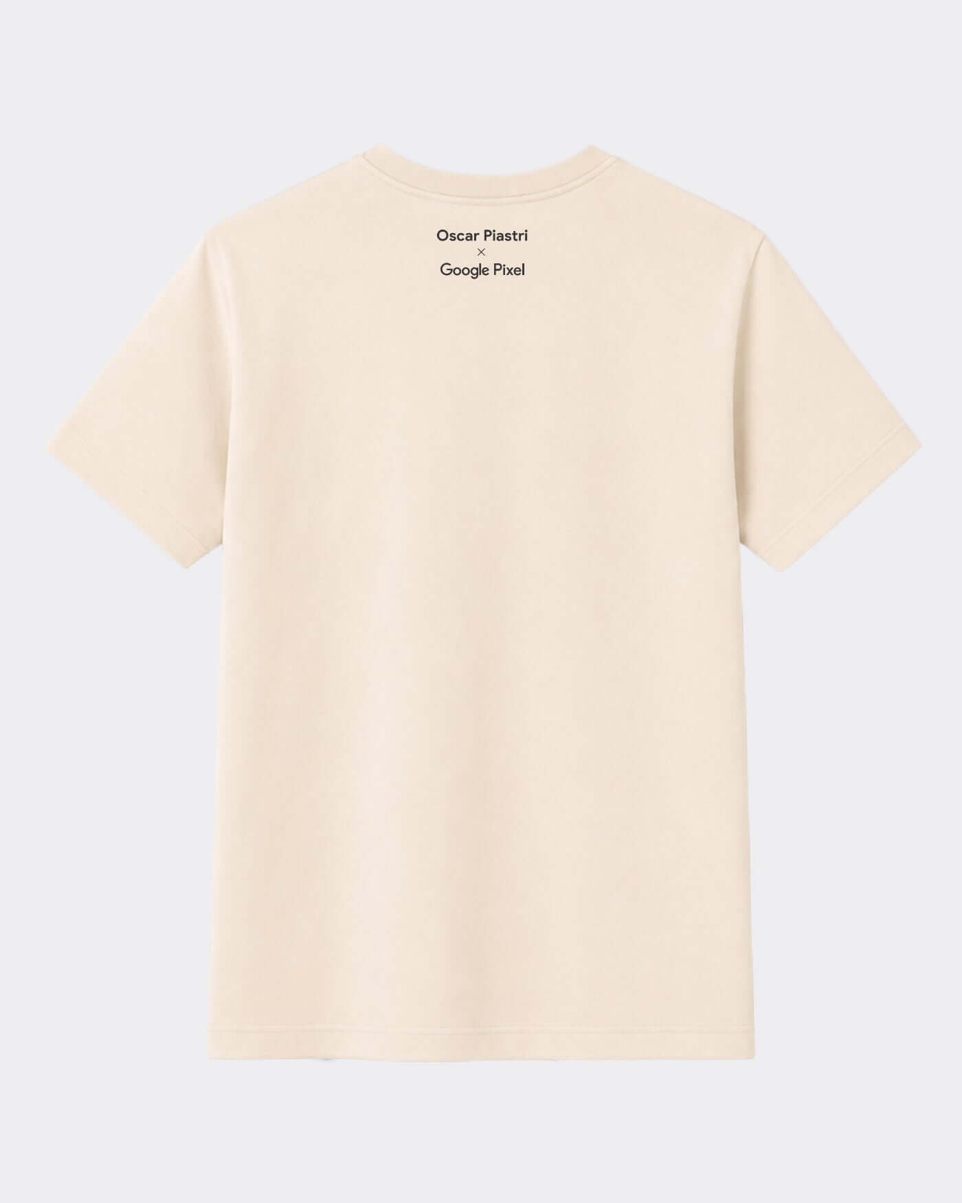 The Pastry Piastee back view showing Oscar Piastri and Google Pixel branding on a beige unisex t-shirt.