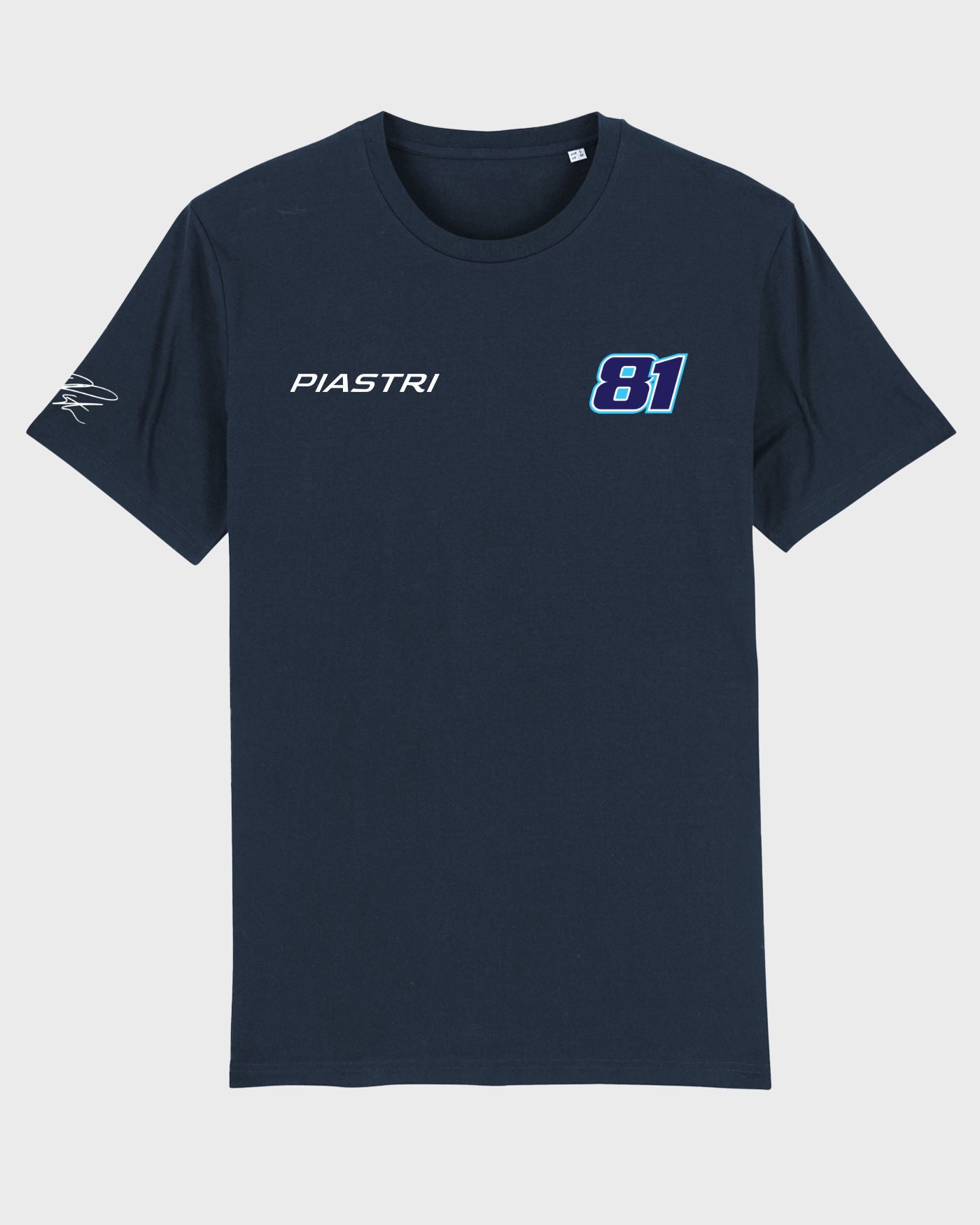 Piastri 81 t-shirt with official race number and signature on dark fabric, featuring ribbed neck collar and hemmed sleeves.