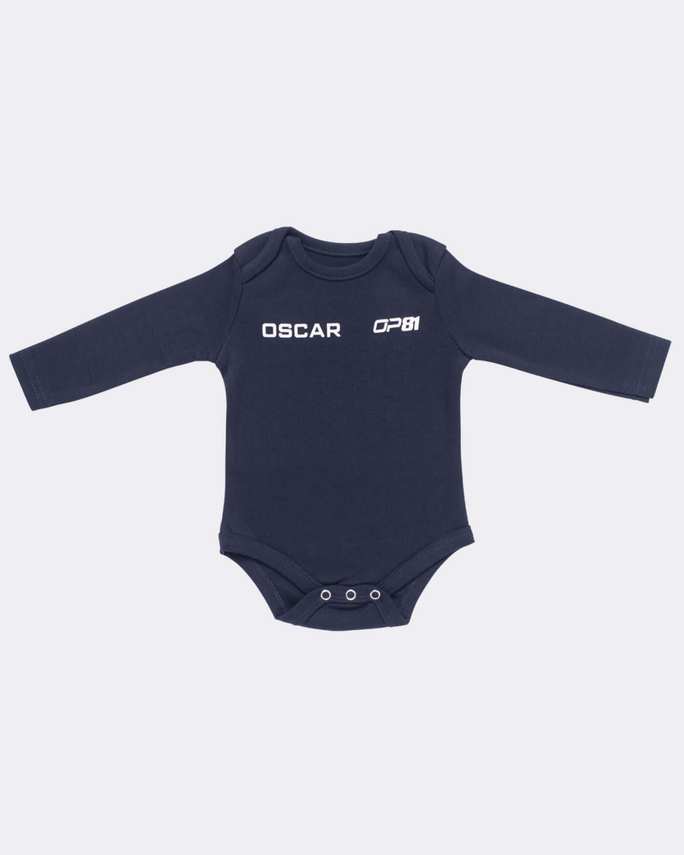 Signature Baby Body in navy with long sleeves and Oscar branding for infants up to 18 months.