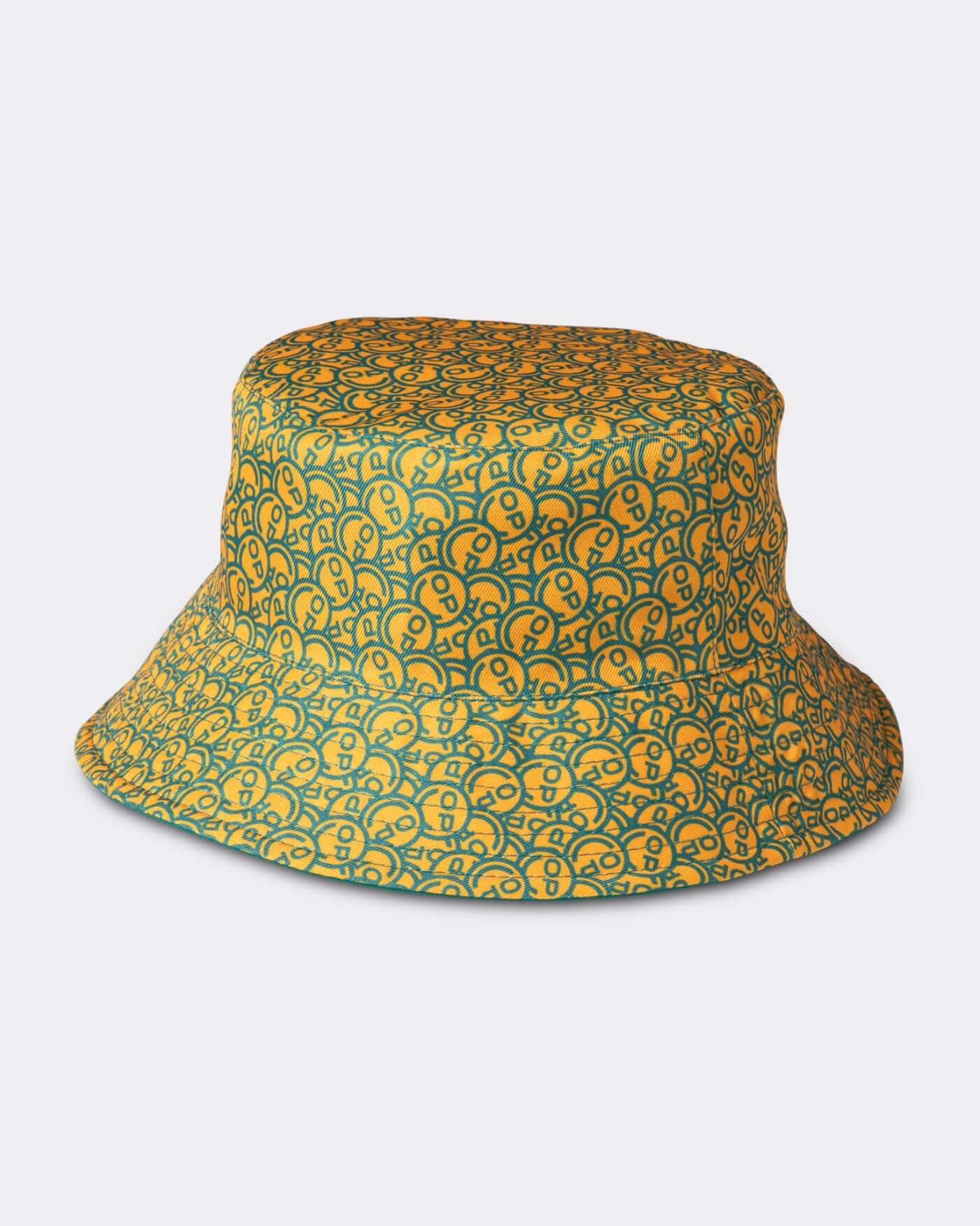 Home Race '26 Bucket Hat in green and gold, featuring an OP smiley design, perfect for summer outings.