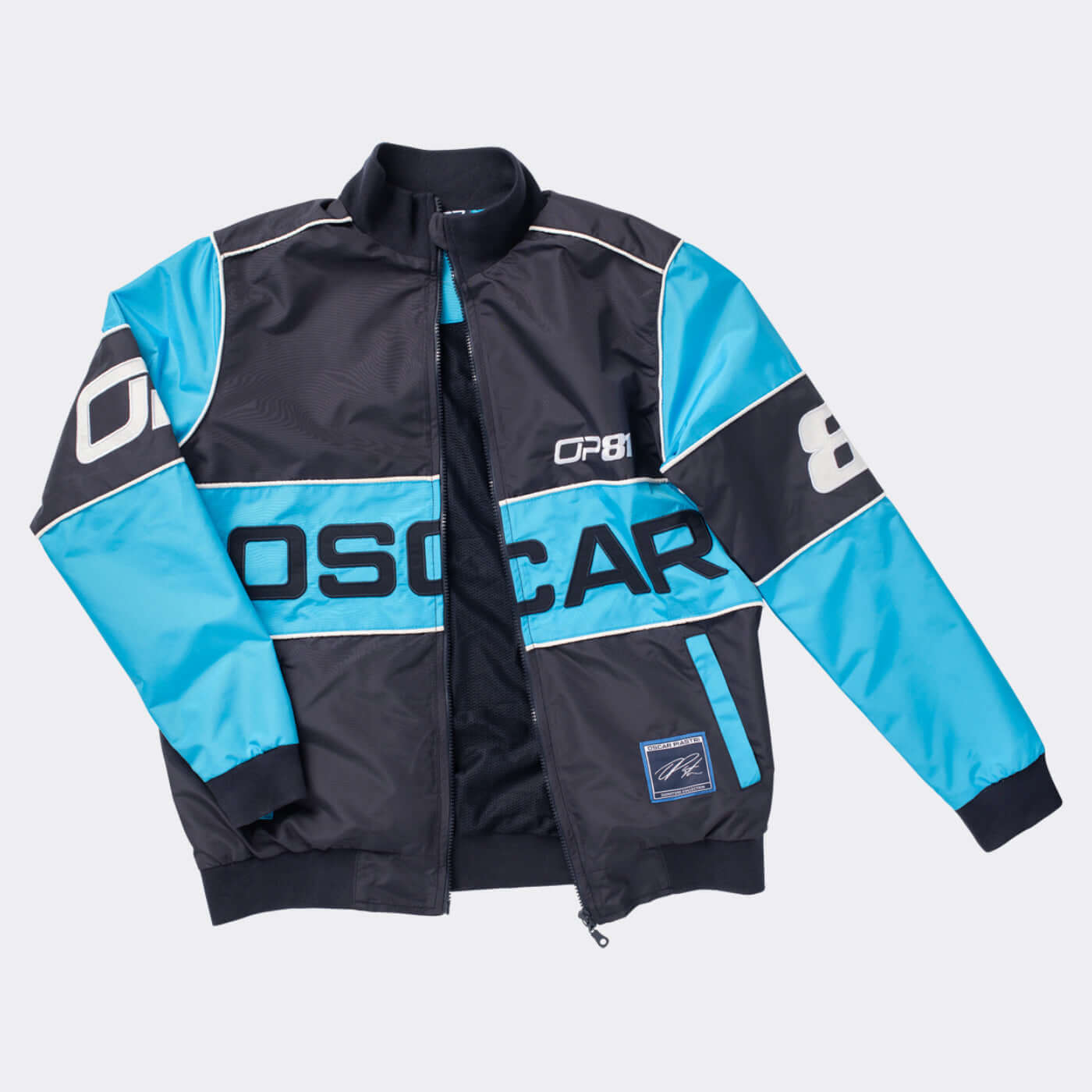 Men's black and blue racing jacket featuring bold graphics and a sleek design, perfect for casual outings.