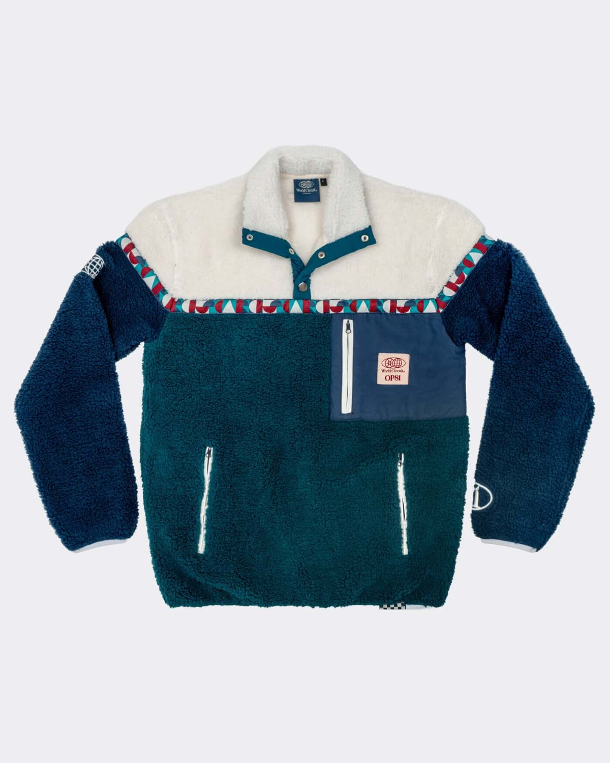 World Circuit Fleece in color-blocked design featuring green, blue, off-white, and burgundy with half-button style.
