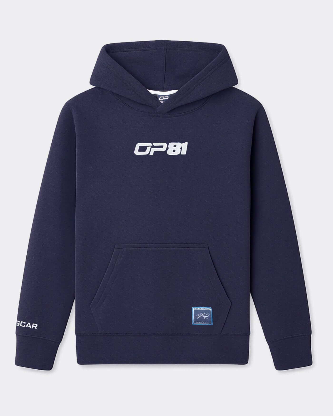 Navy OP81 Signature Hoodie with fleece lining, kangaroo pocket, and embroidered logo for comfort and style.