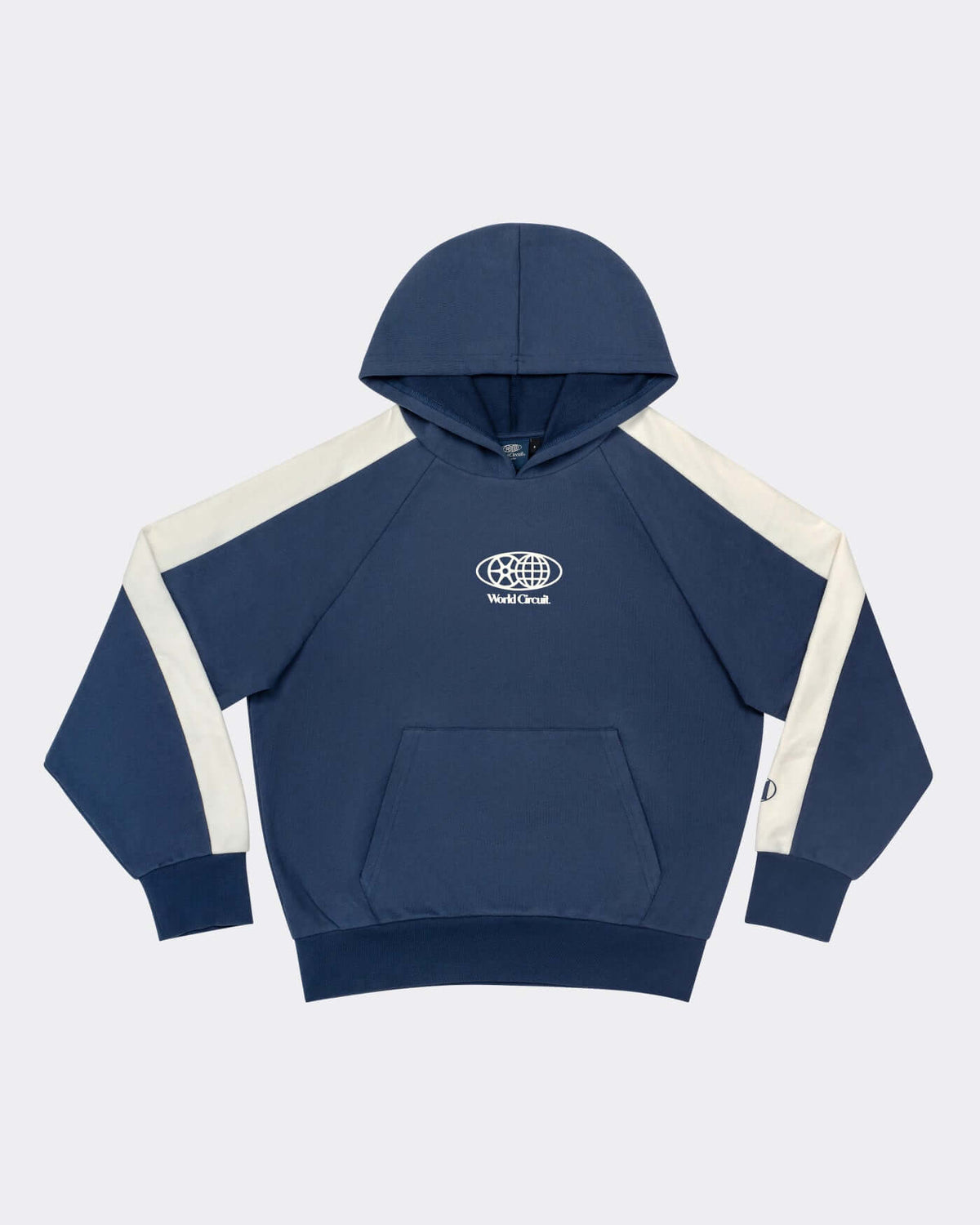 World Circuit Hoodie - Blue with off-white racing panels and globe emblem on chest.