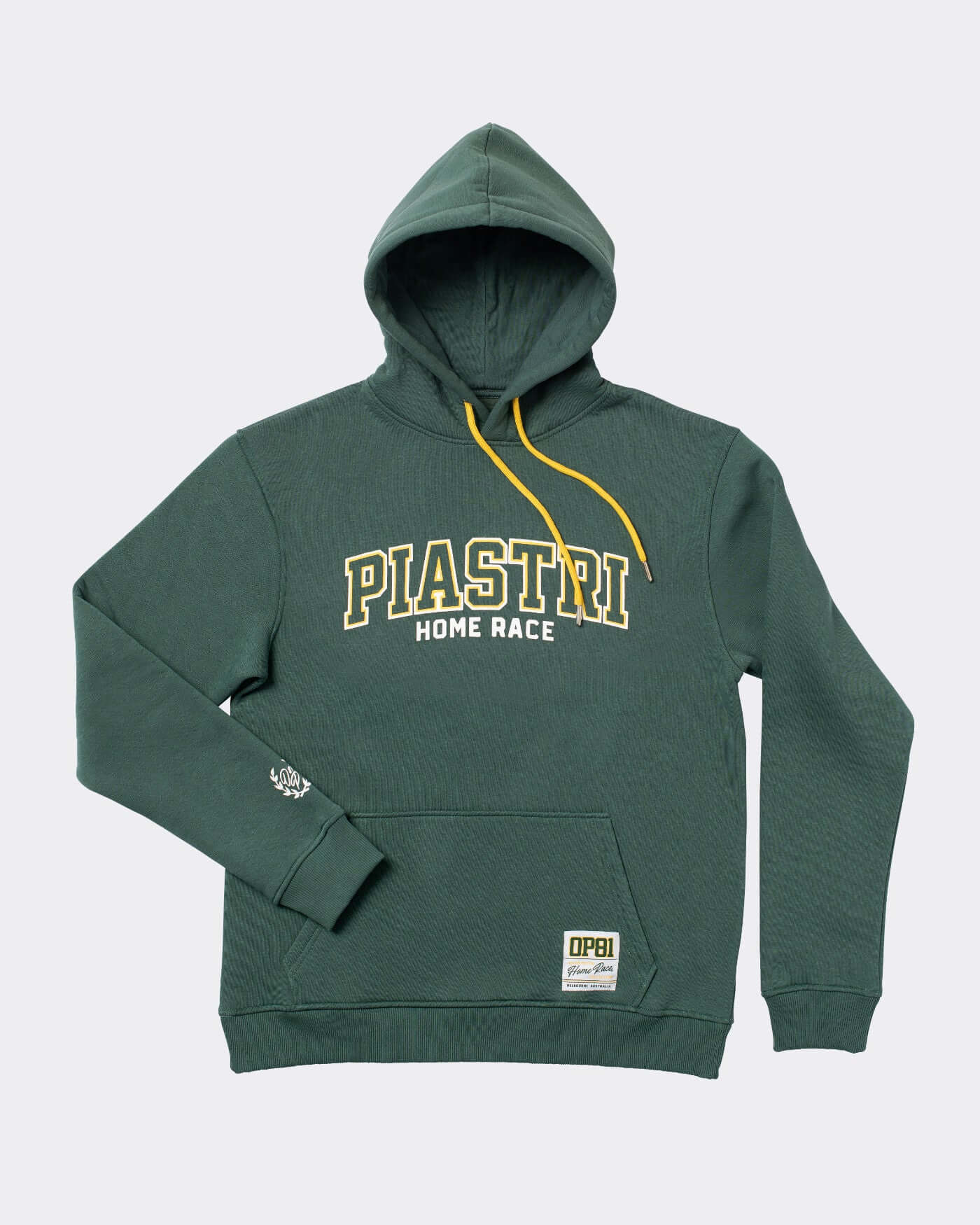 Home Race Hoodie in green with yellow drawstrings, featuring Piastri branding and kangaroo pocket for comfort.