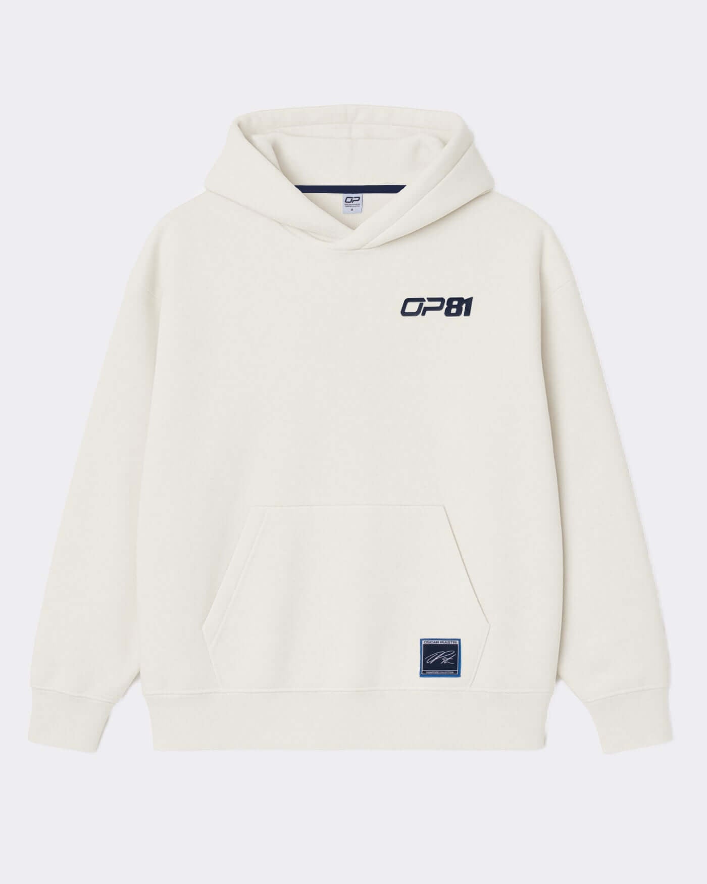 Signature Oversized Hoodie - Off White featuring OP81 logo and kangaroo pocket.