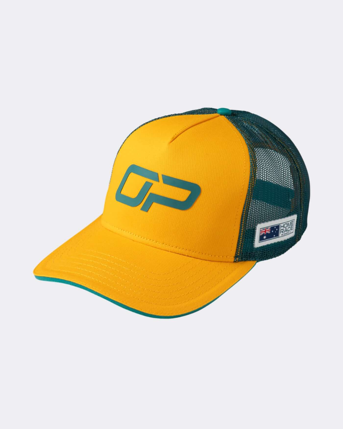 Home Race '26 Cap showcasing bold green and gold colors and the OP smiley design, perfect for race day.