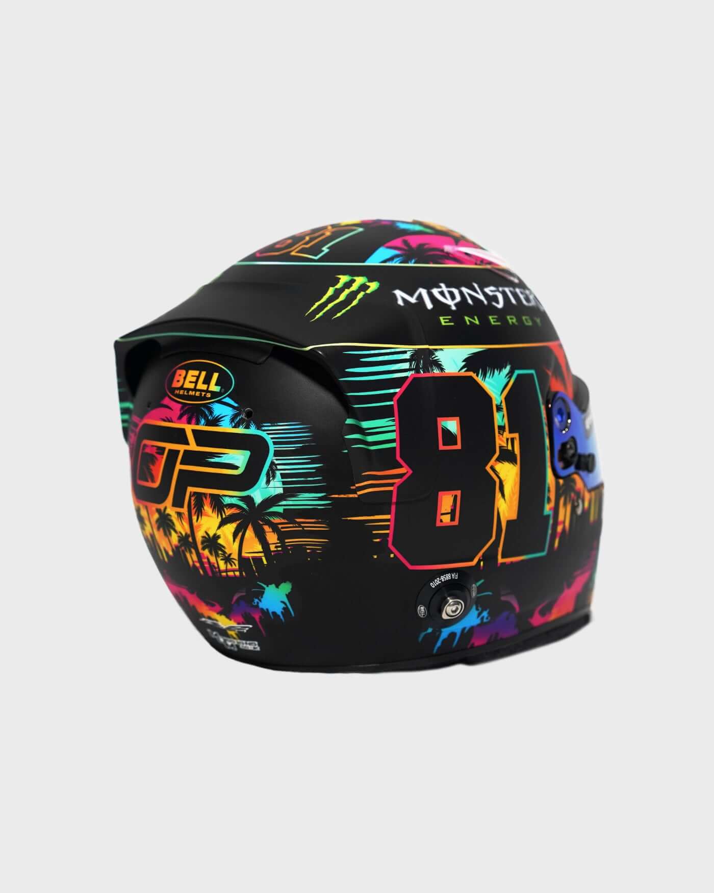 1:2 scale 2024 Miami Helmet featuring Oscar Piastri's racing number 81, Bell logo, and vibrant Miami-inspired design.