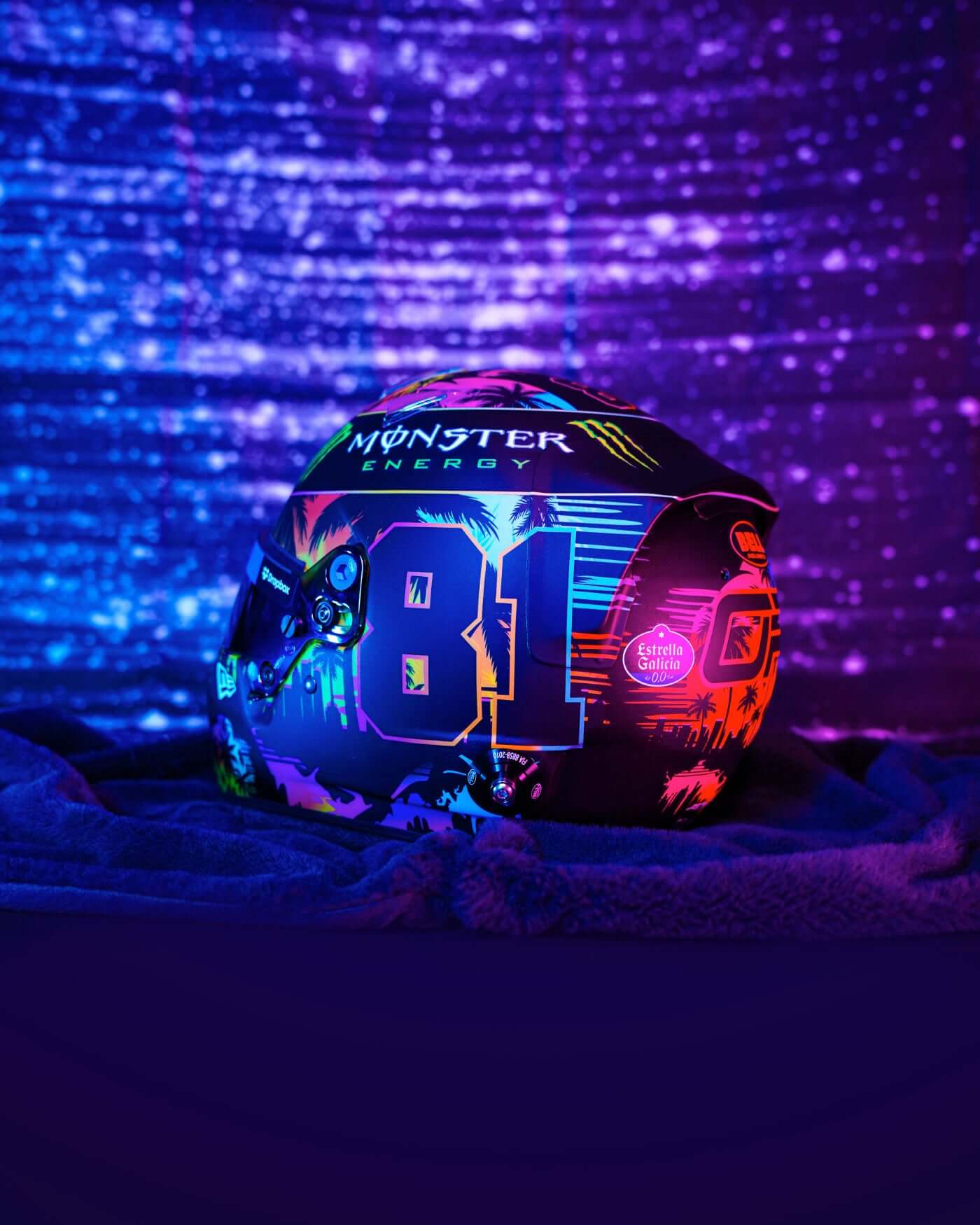 1:2 scale 2024 Miami Grand Prix replica helmet with vibrant Miami design, racing number 81, and Oscar Piastri’s personal logo.