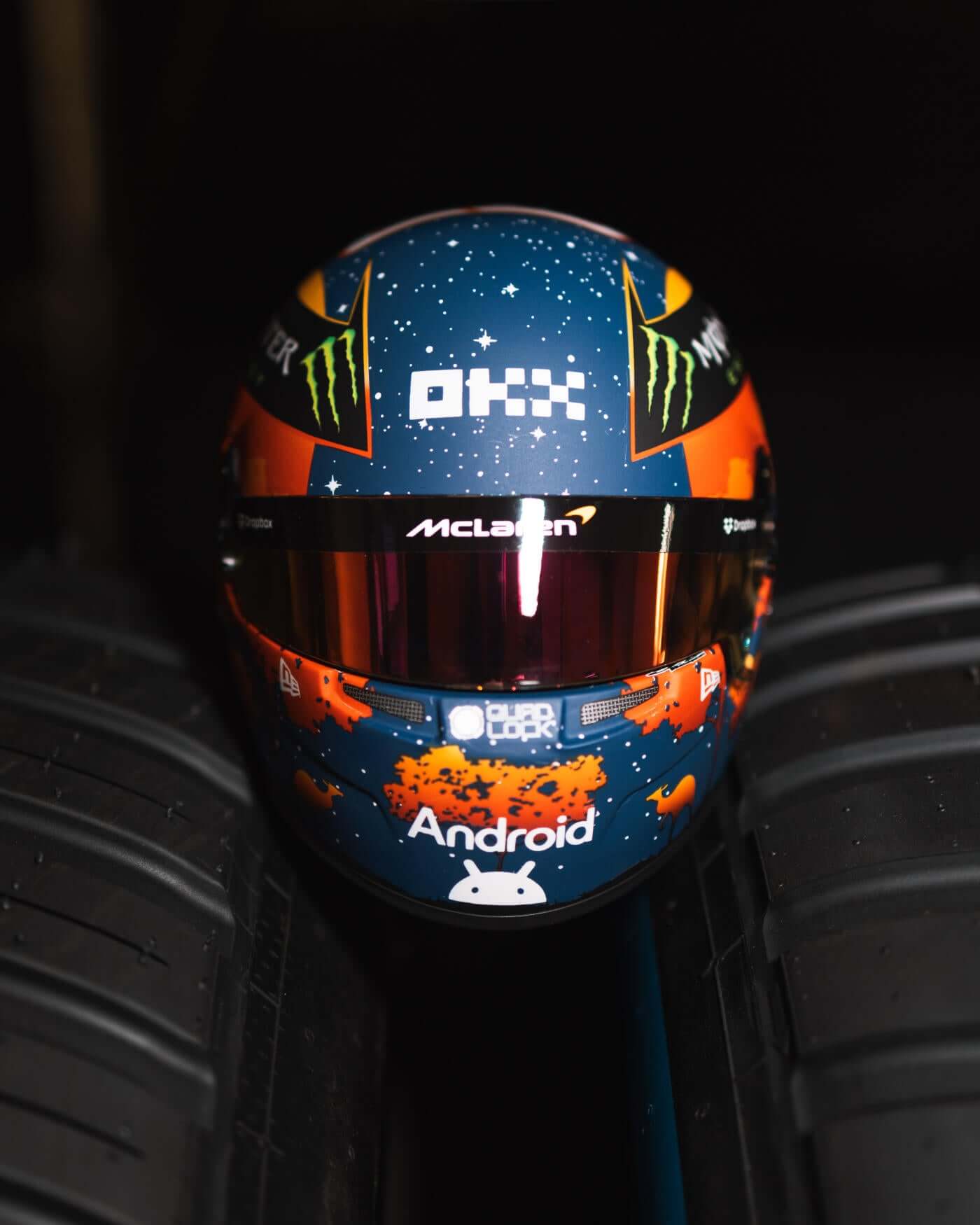 1:2 scale Oscar Piastri mini helmet for 2024 Australian Grand Prix with unique outback design and distinctive personal logo.