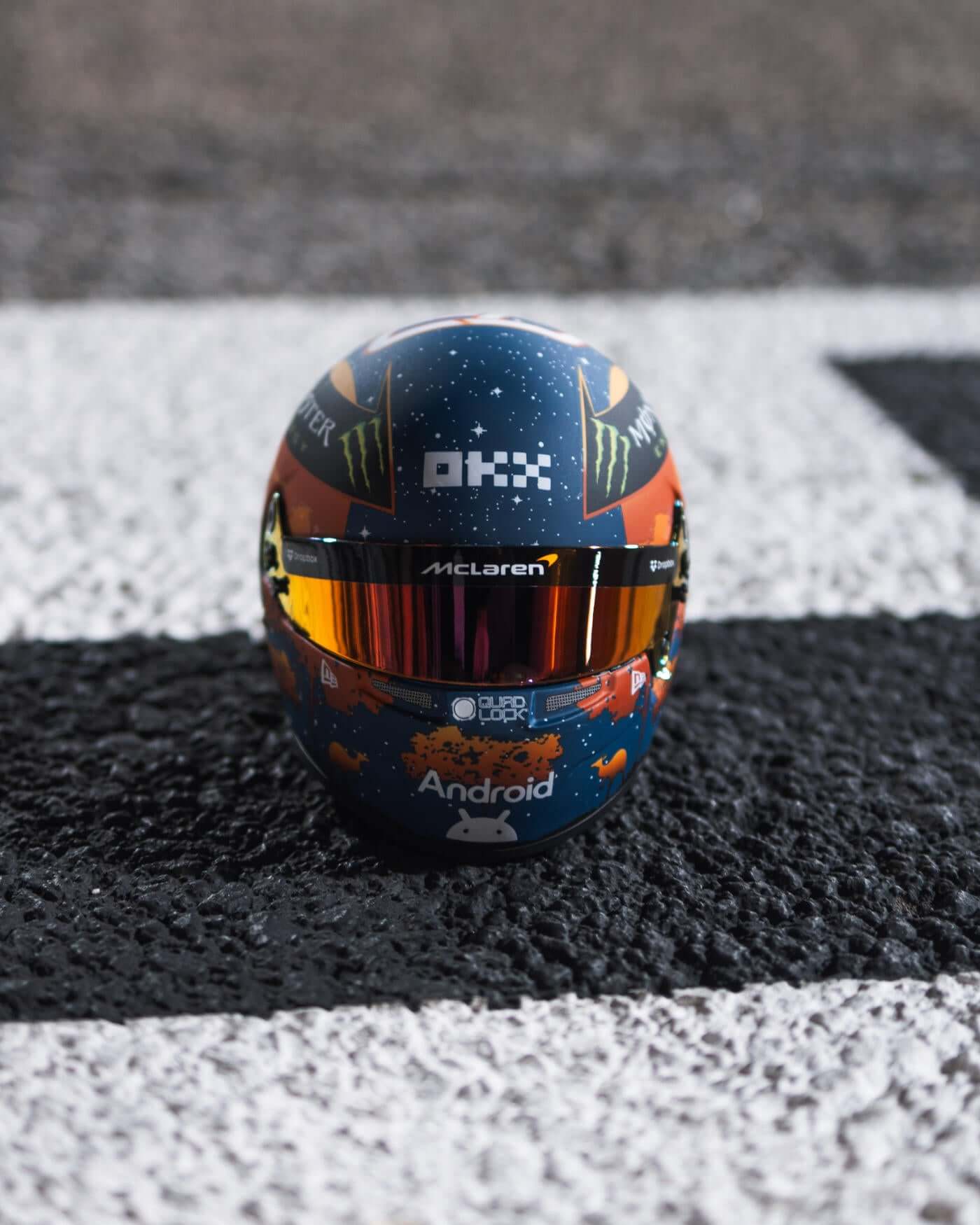 1:2 scale replica of Oscar Piastri's 2024 Australian GP helmet featuring outback design and racing number.