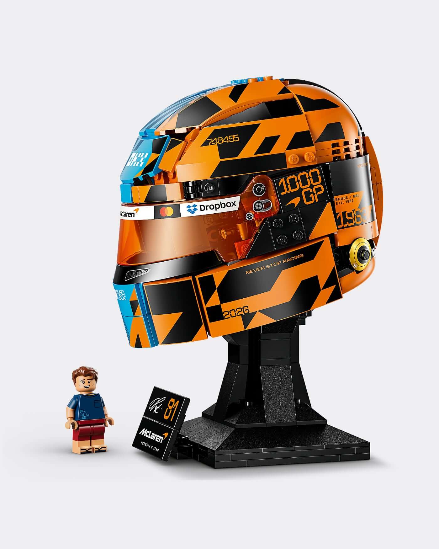 LEGO® Editions McLaren Mastercard F1® Team Oscar Piastri Helmet building set showcasing detailed design and play feature.