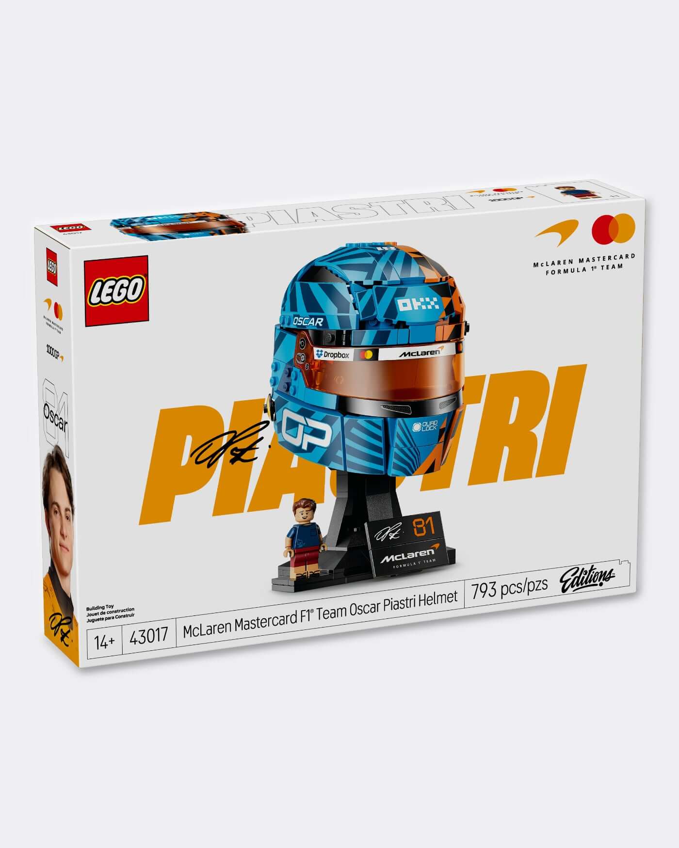 LEGO® Editions McLaren Mastercard F1® Team Oscar Piastri Helmet building set with detailed packaging and design.