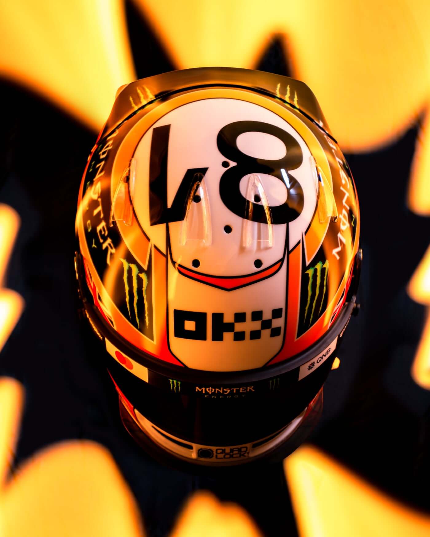 1:2 scale replica of Oscar Piastri's 2025 Monaco Grand Prix helmet with vibrant colors and number 8, perfect for fans.