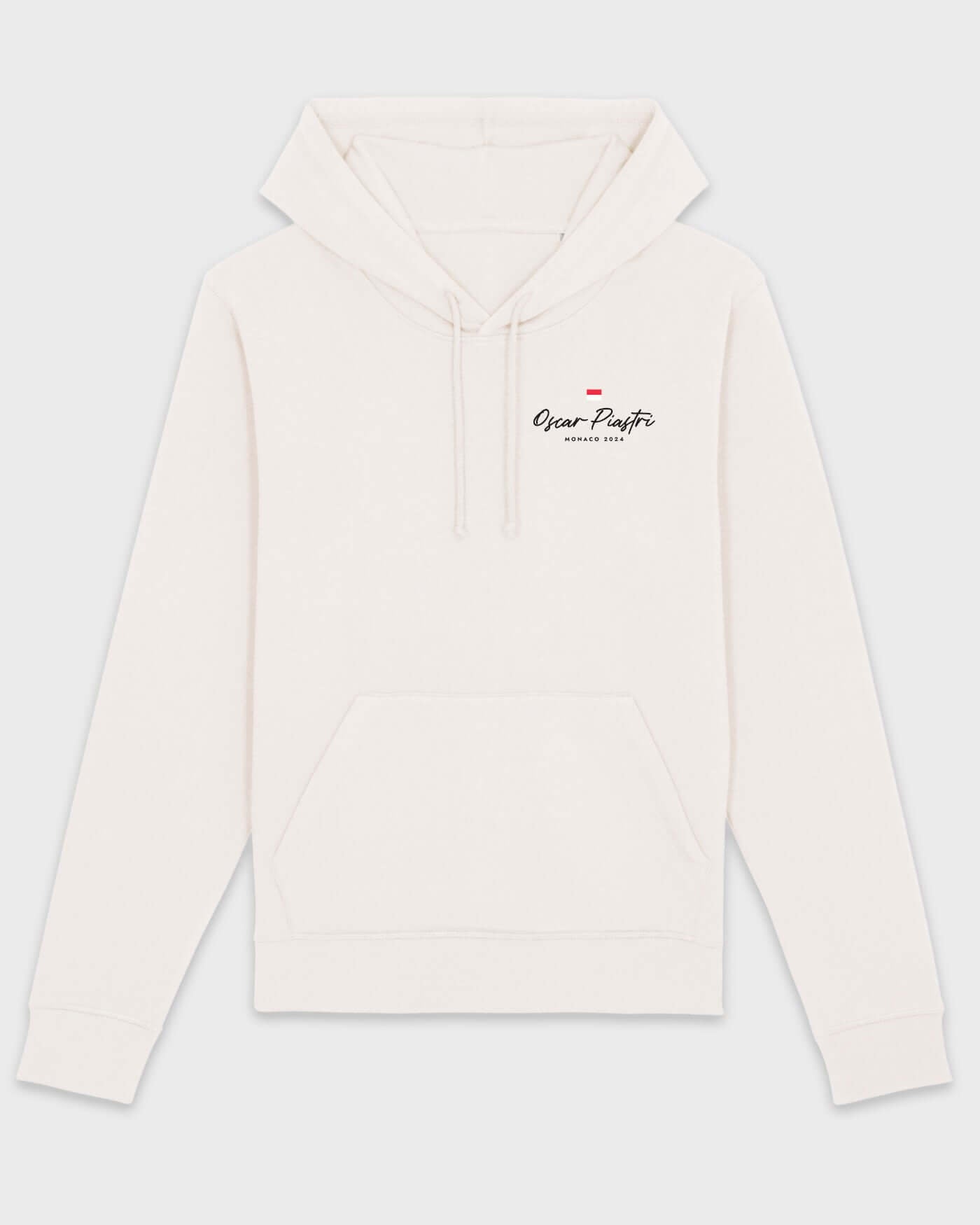 OffWhite Monaco 2024 Hoodie with Oscar Piastri logo, featuring unisex design and front pocket.