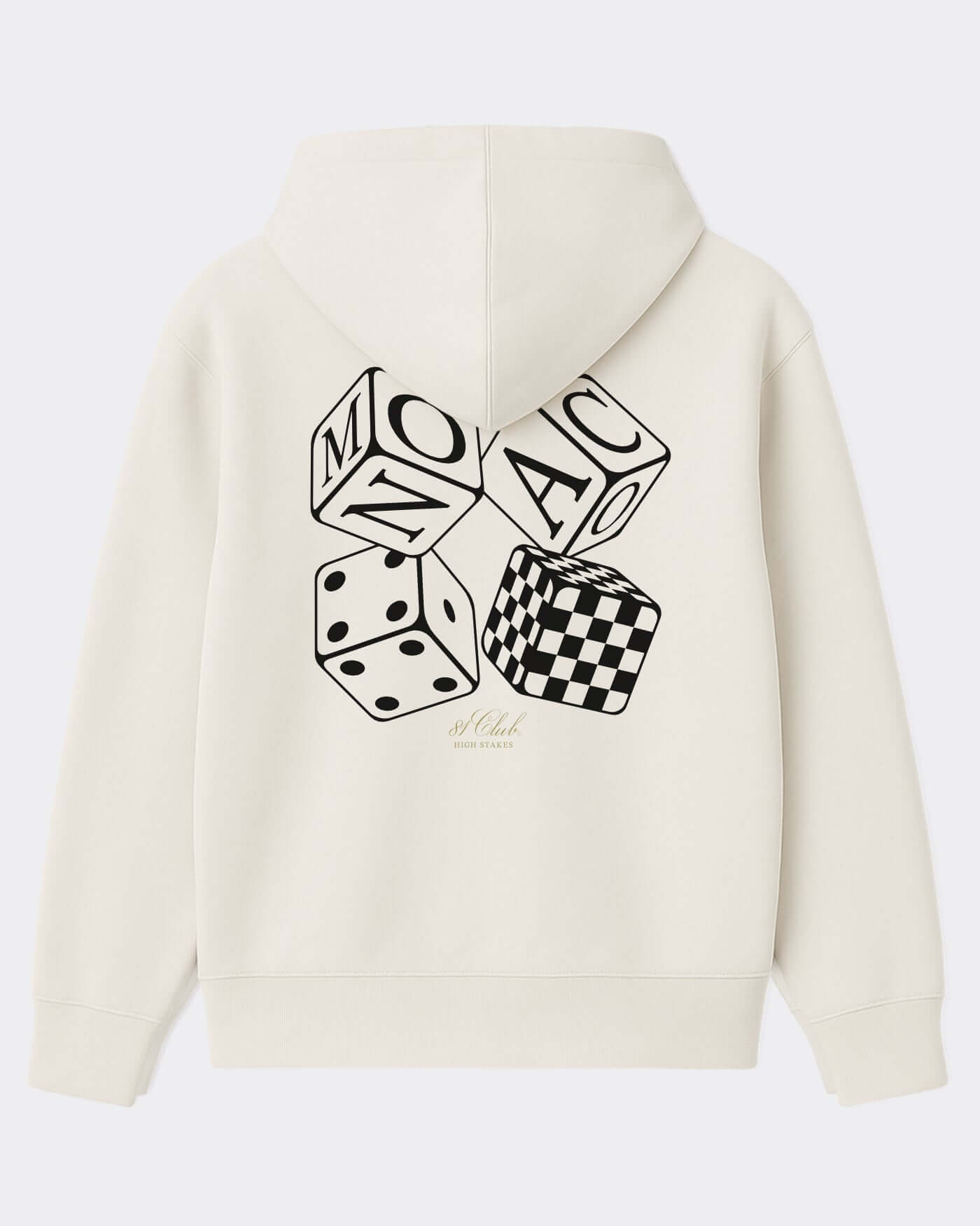81 CLUB Monaco Hoodie - Off White featuring a unique four-dice design on the back.
