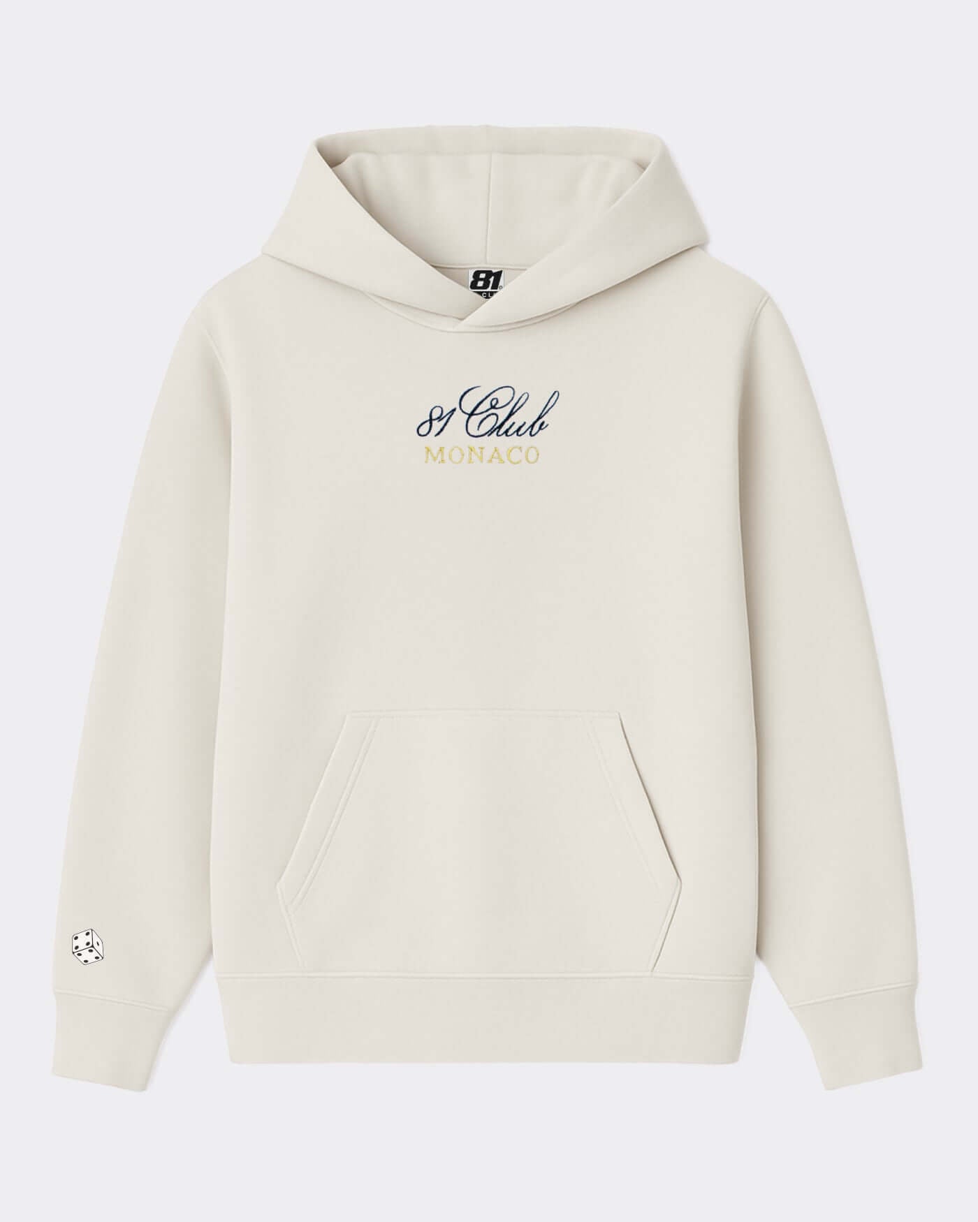 81 CLUB Monaco Hoodie - Off White featuring elegant embroidery and kangaroo pocket.