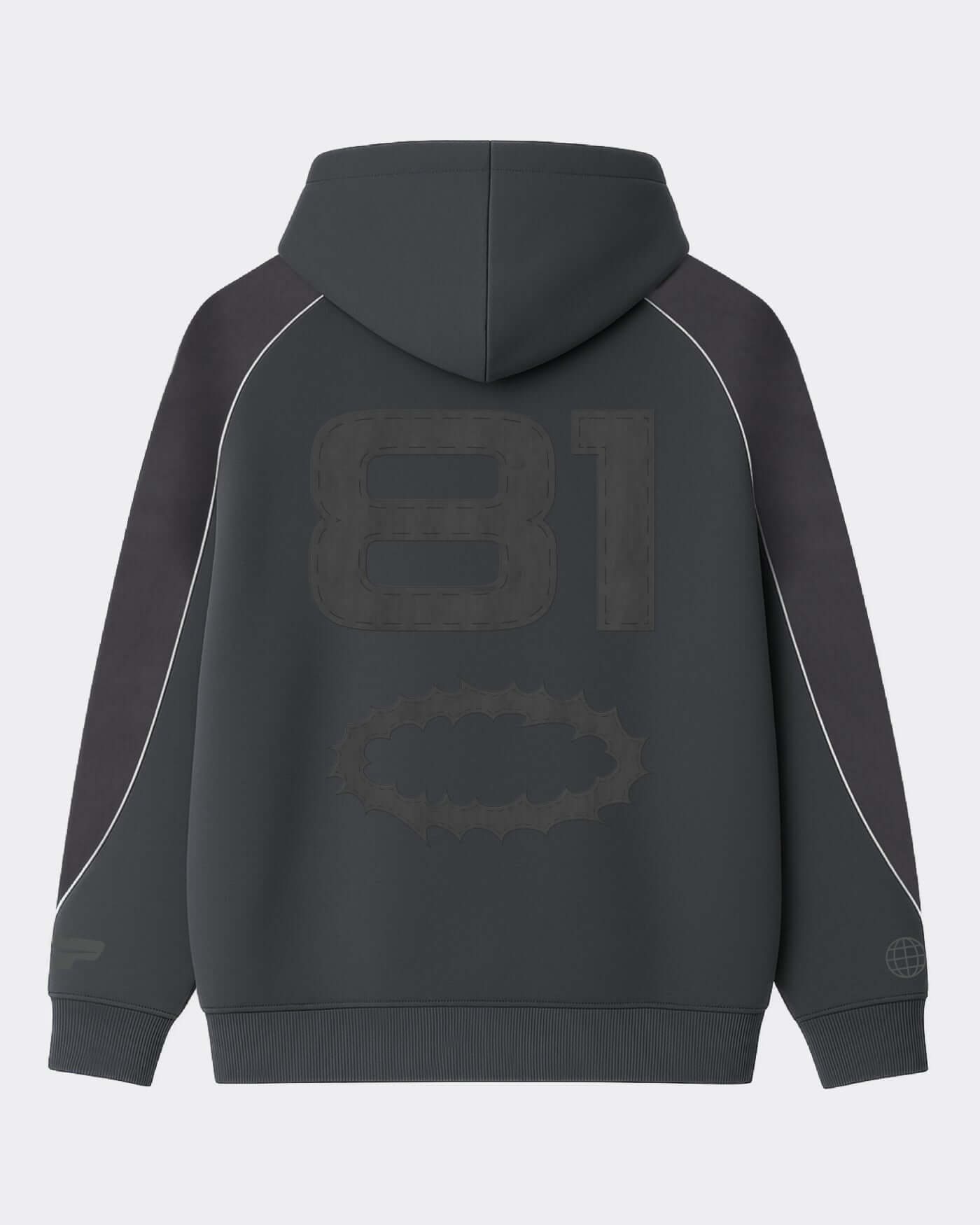 Origins Hoodie - Asphalt back view showcasing bold 81 graphic and relaxed fit design.