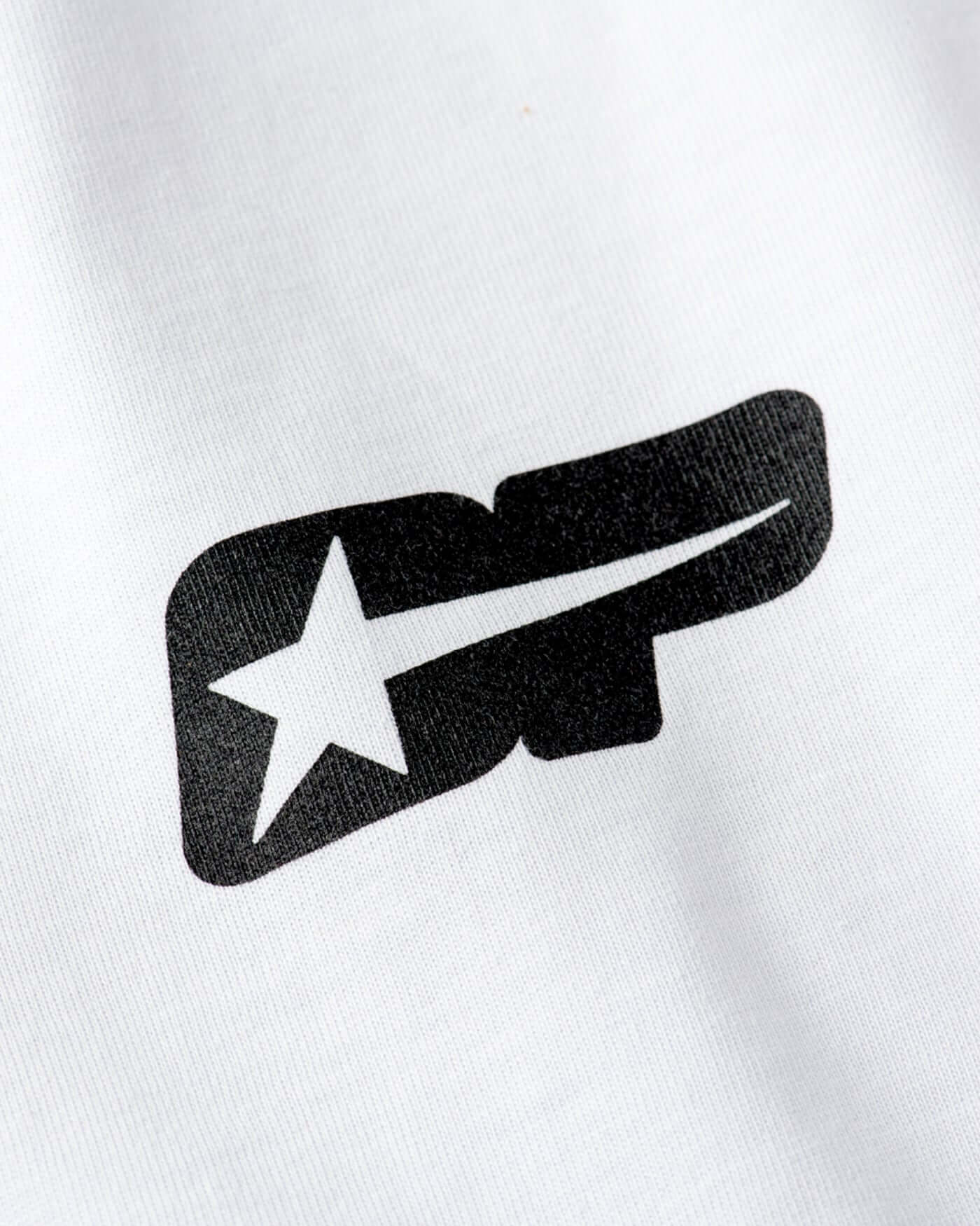 Origins T-Shirt - White close-up of OP81 graphics on fabric, showcasing retro-motorsport design elements.