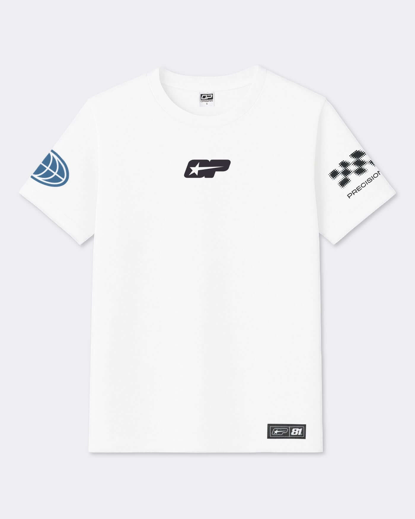 Origins T-Shirt - White featuring bold OP81 graphics and ribbed neck collar.