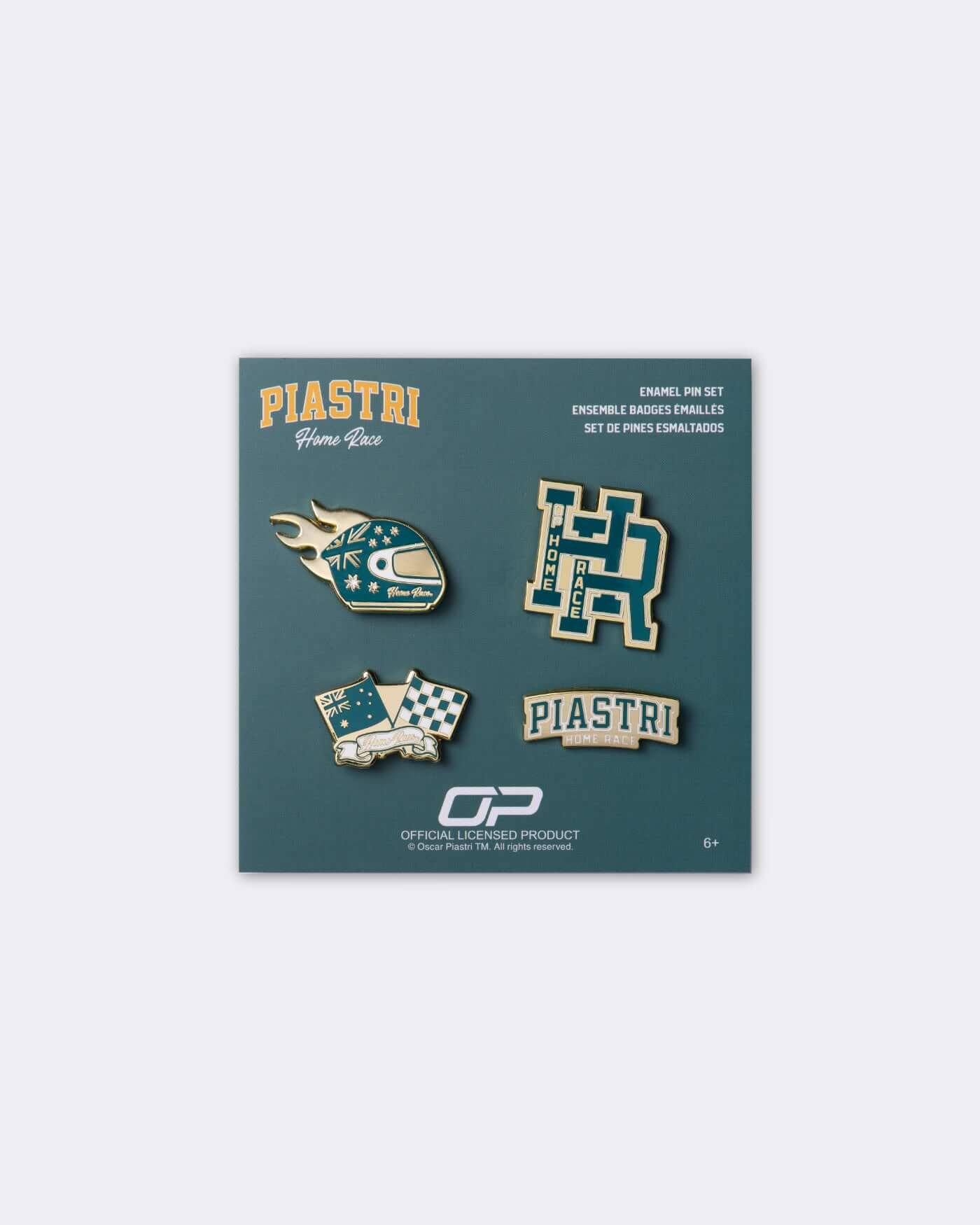 Home Race Pin Set featuring enamel designs, representing Oscar's home race with stylish flair.