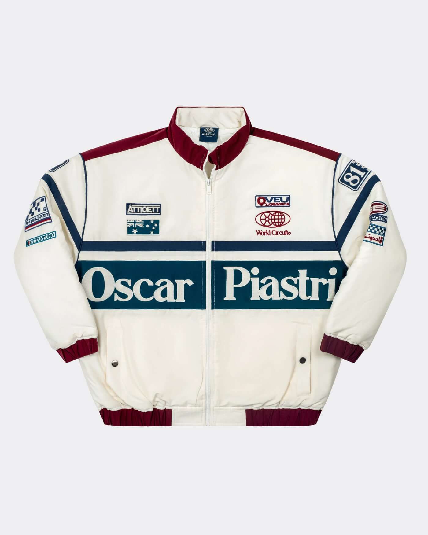 World Circuit Race Jacket featuring off-white and burgundy panels with Oscar Piastri embroidery and contrast details.