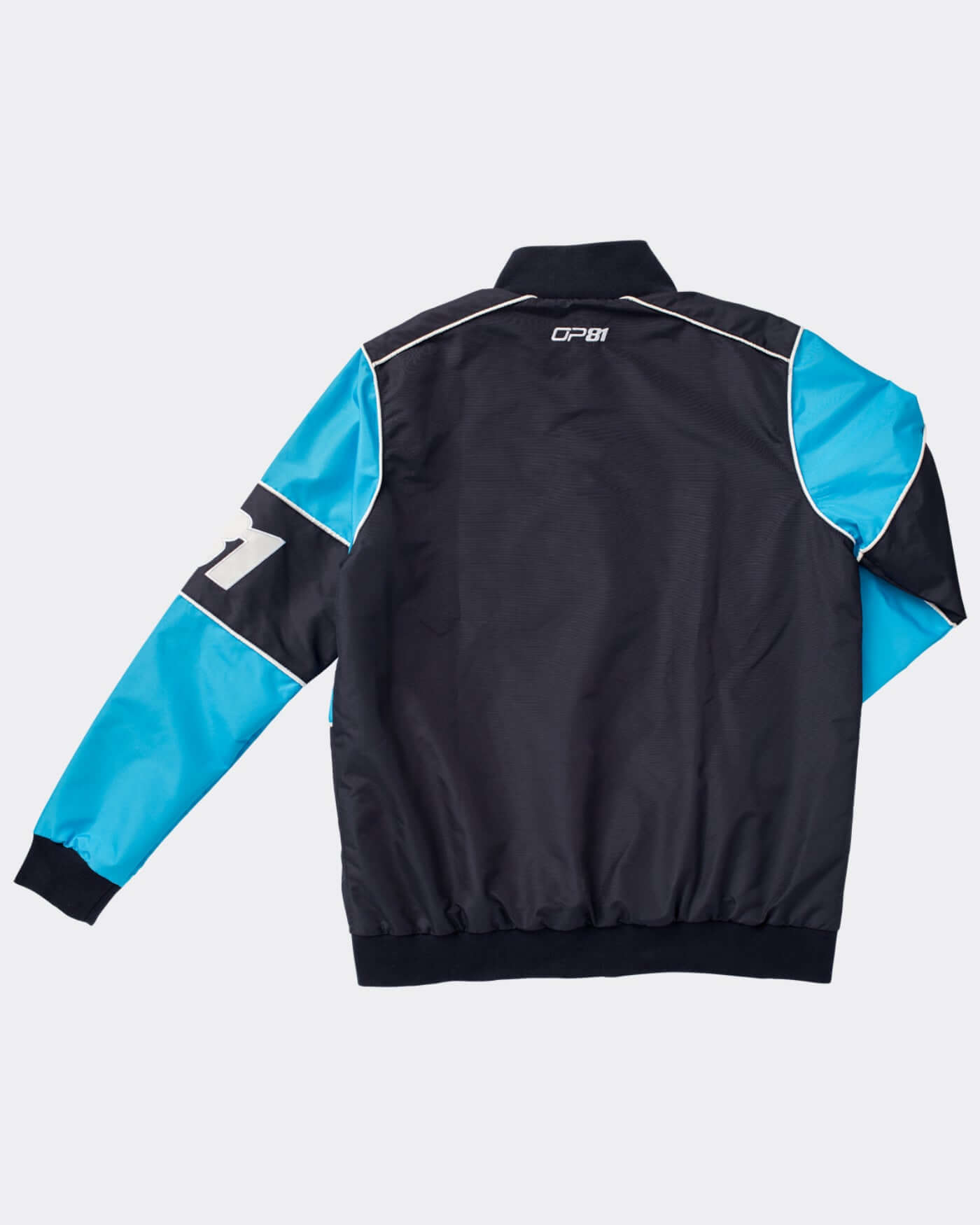 Back view of Oscar's Signature Racing Jacket in navy with light blue accents, featuring OP logo and 81 race number.