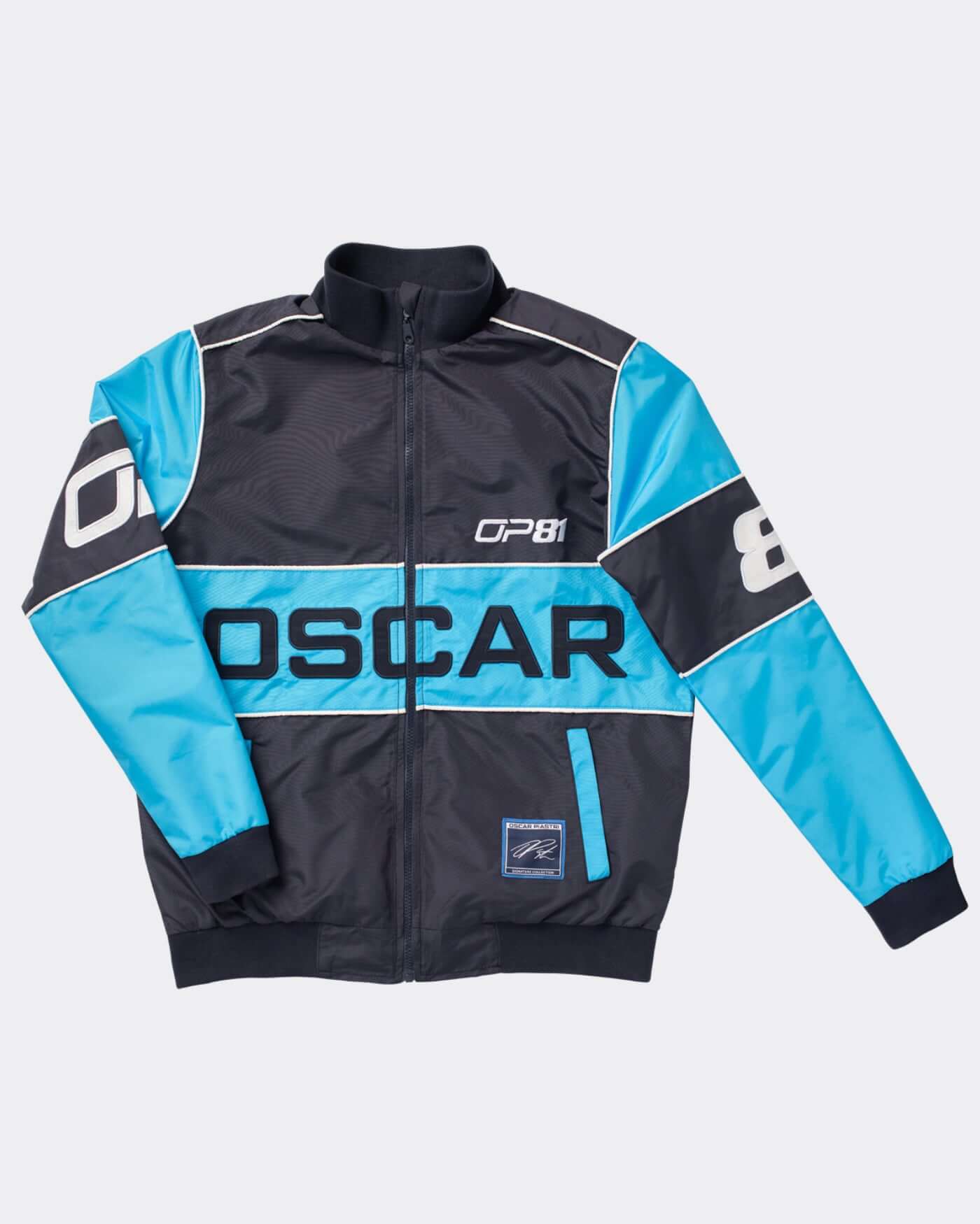 Oscar's Signature Racing Jacket in navy with light blue accents, featuring OP logo and 81. Stylish motorsport design.