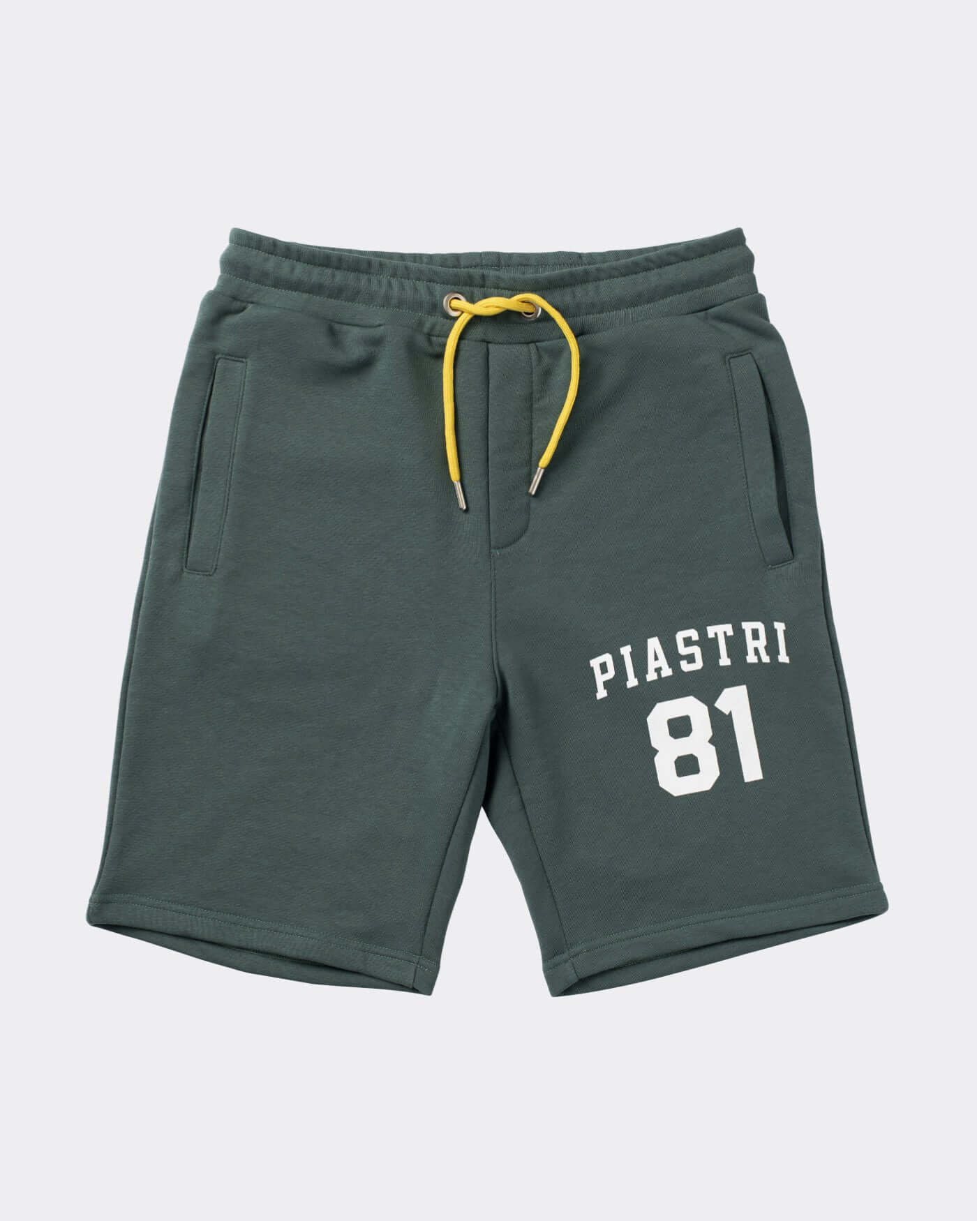 Green home race shorts with yellow drawstring and Piastri 81 print, perfect for sporty summer days.