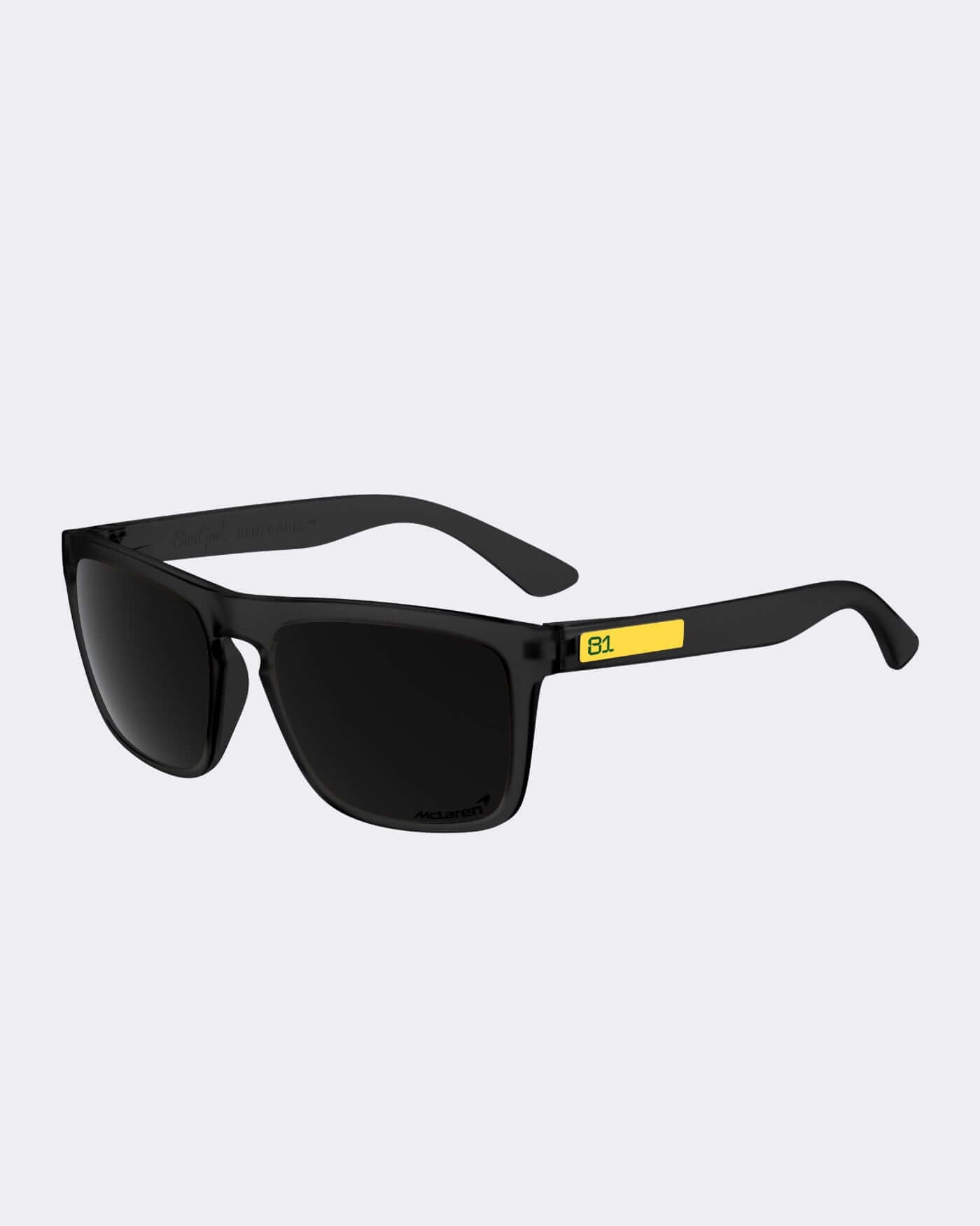 McLaren F1 Team Oscar Piastri SunGod Renegades sunglasses with black frames and yellow 81 logo.