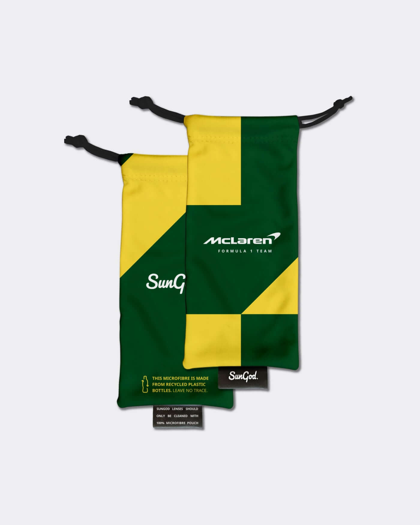 McLaren F1 Team sunglasses pouch in green and yellow with SunGod logo and McLaren branding