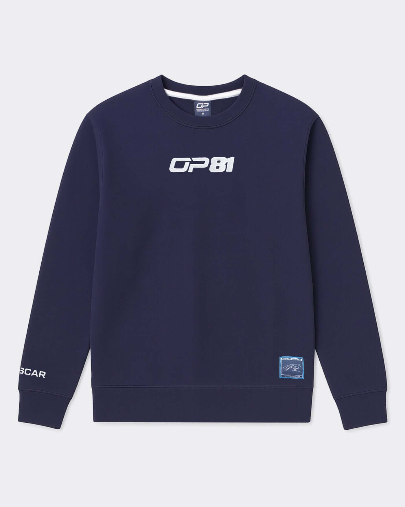 OP81 Signature Sweater in navy featuring embroidered logo and comfortable fleece lining.