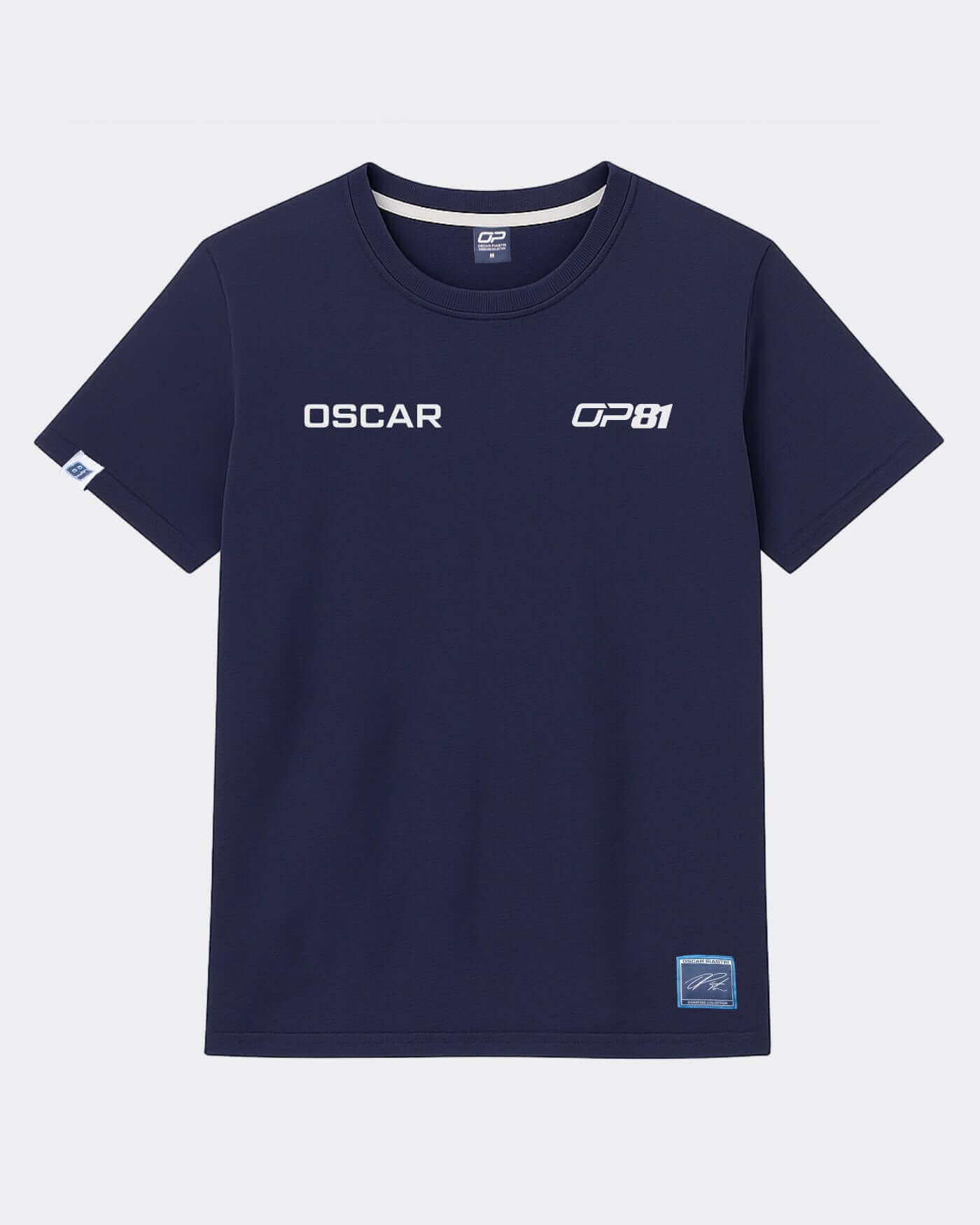 Navy OP81 Signature T-Shirt featuring Oscar's logo and race number 81, designed for comfort and style.