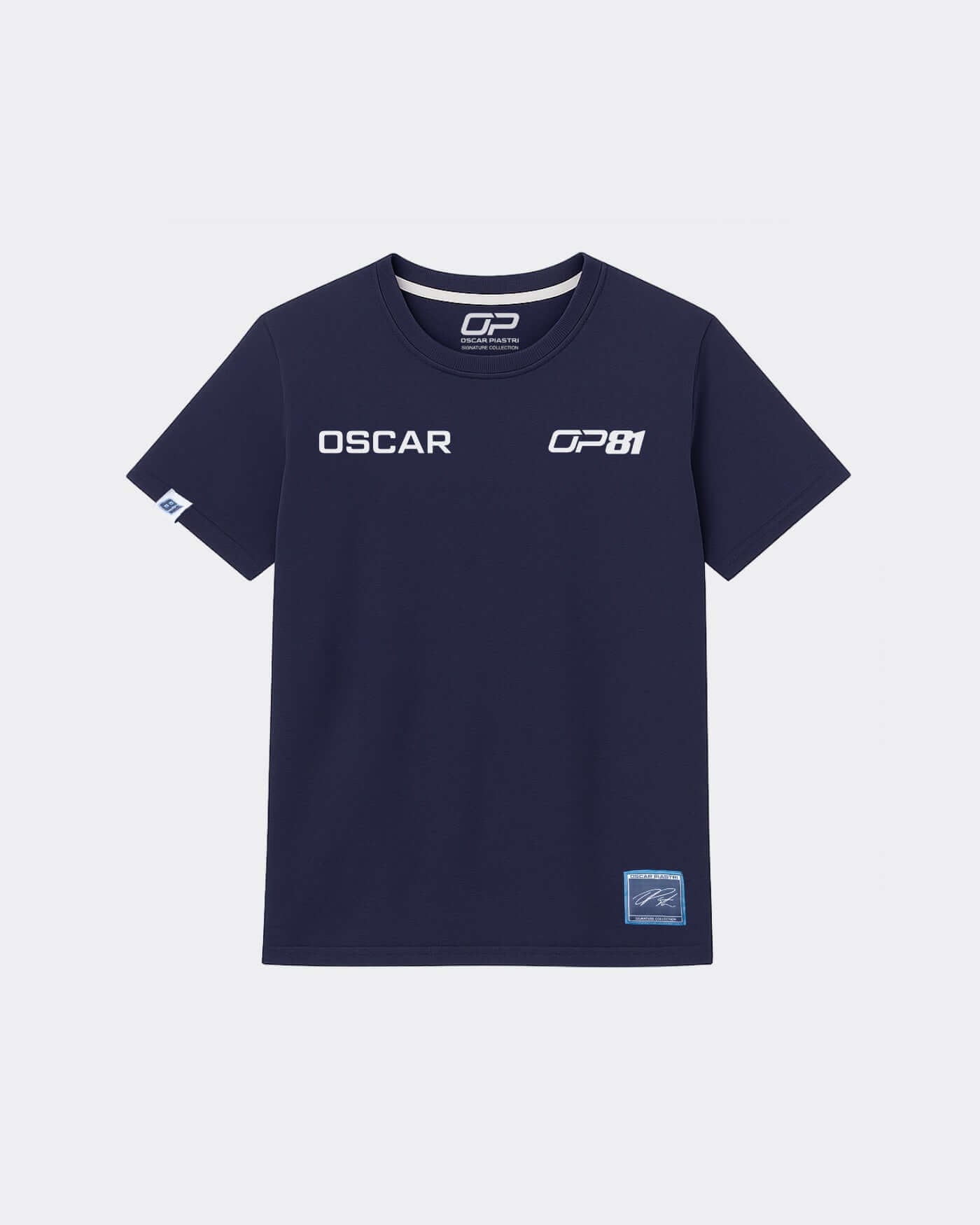 Navy kids t-shirt featuring Oscar's OP logo and race number 81, designed for comfort and style.