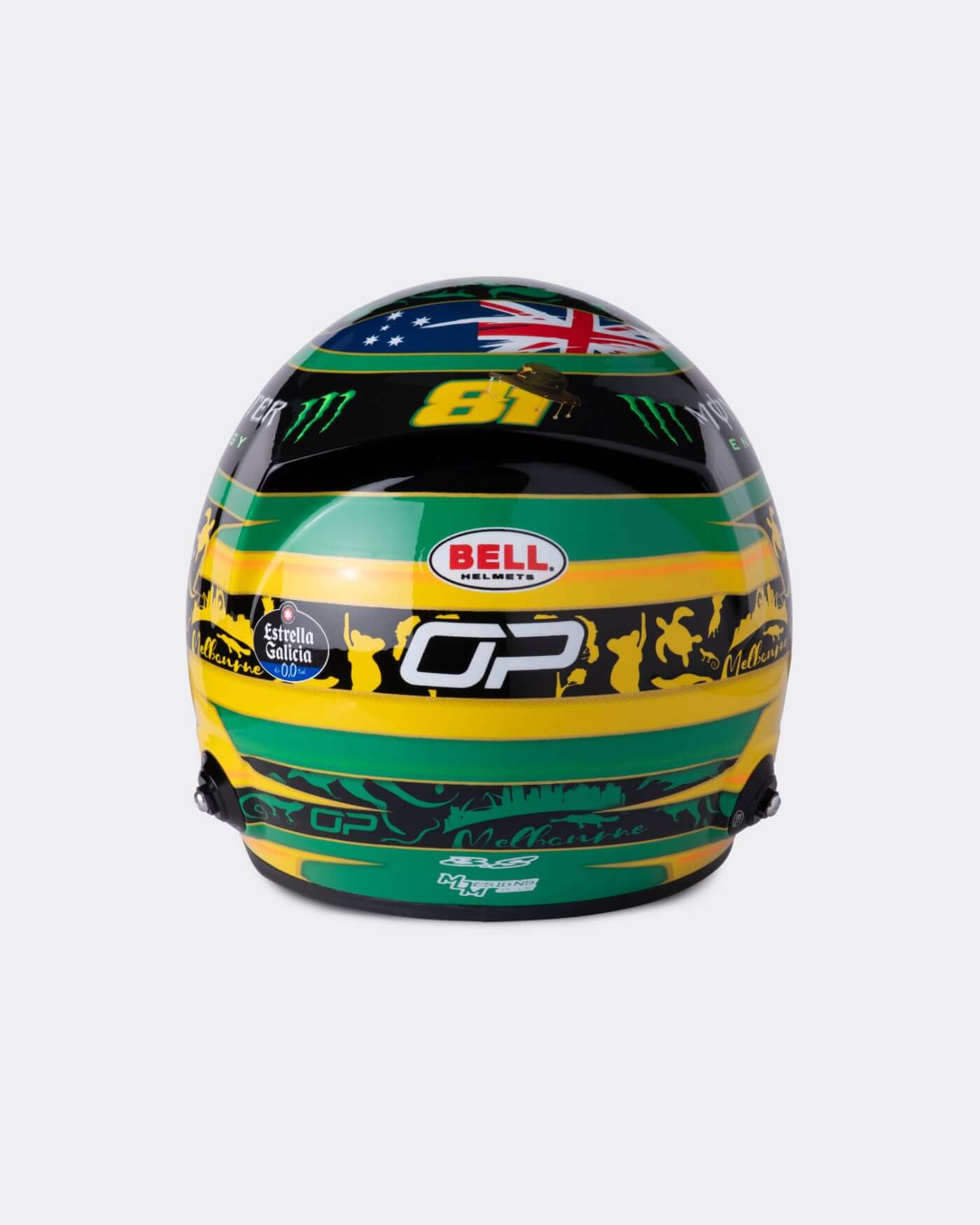 1:2 scale Oscar Piastri helmet replica featuring Australian colors and racing number 81, designed by Bell.