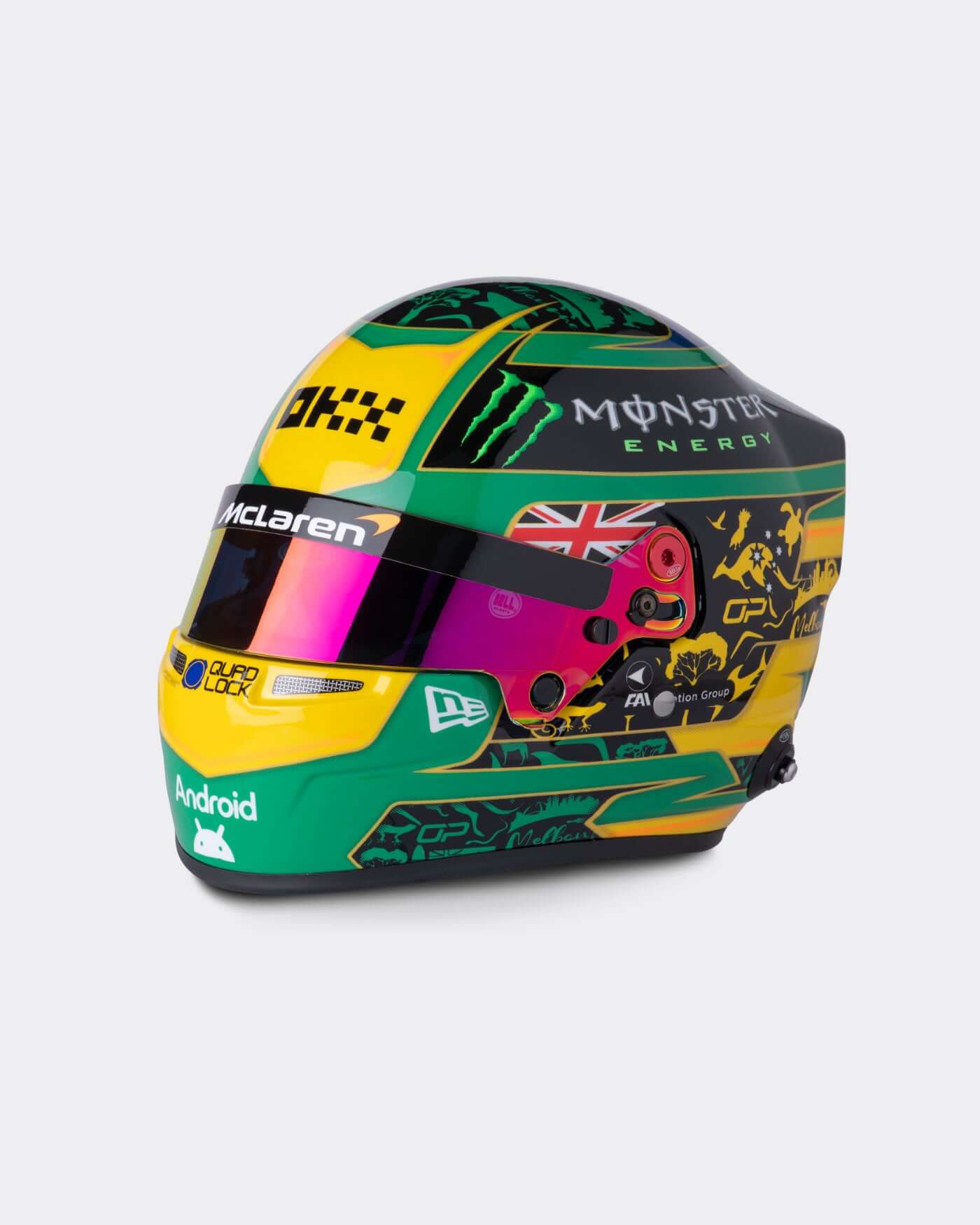 1:2 scale replica of Oscar Piastri's 2025 F1 Australian Grand Prix helmet by Bell, featuring Australian colors and logos.