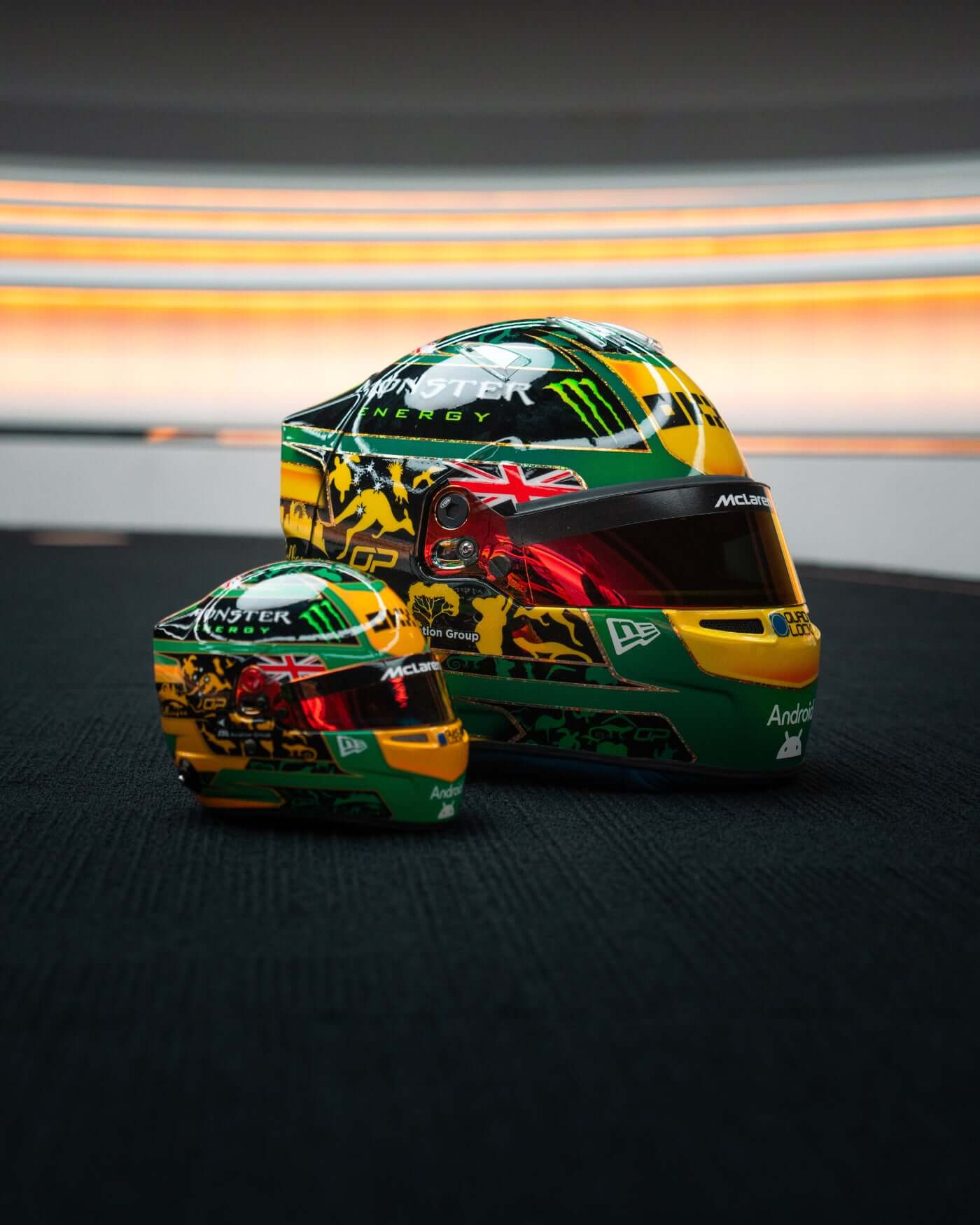 1:2 scale replica helmet of Oscar Piastri, 2025 Australian Grand Prix, featuring Australian colors and design.