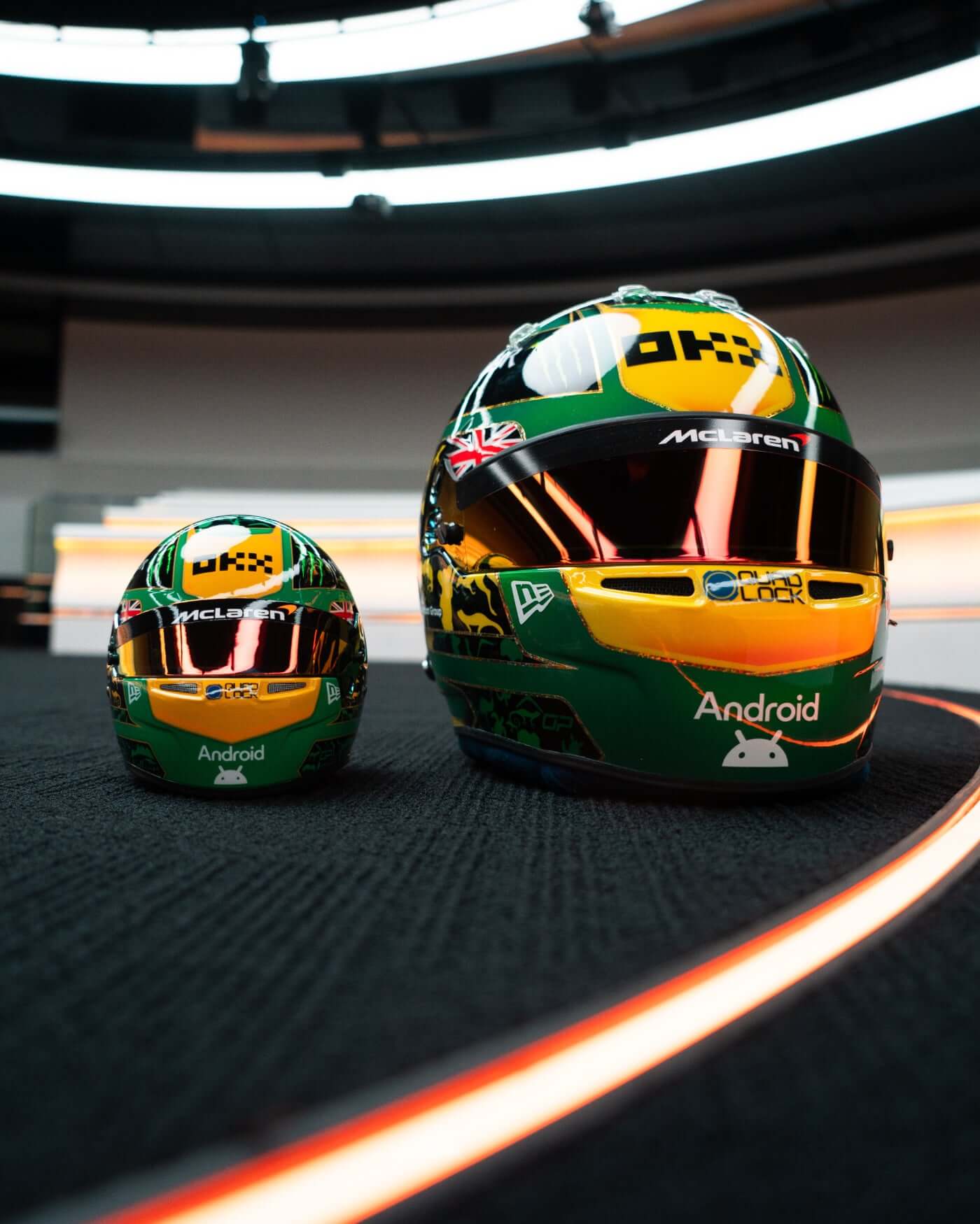 1:2 scale replica of Oscar Piastri's 2025 Australian F1 helmet, showcasing national colors and personal logo.
