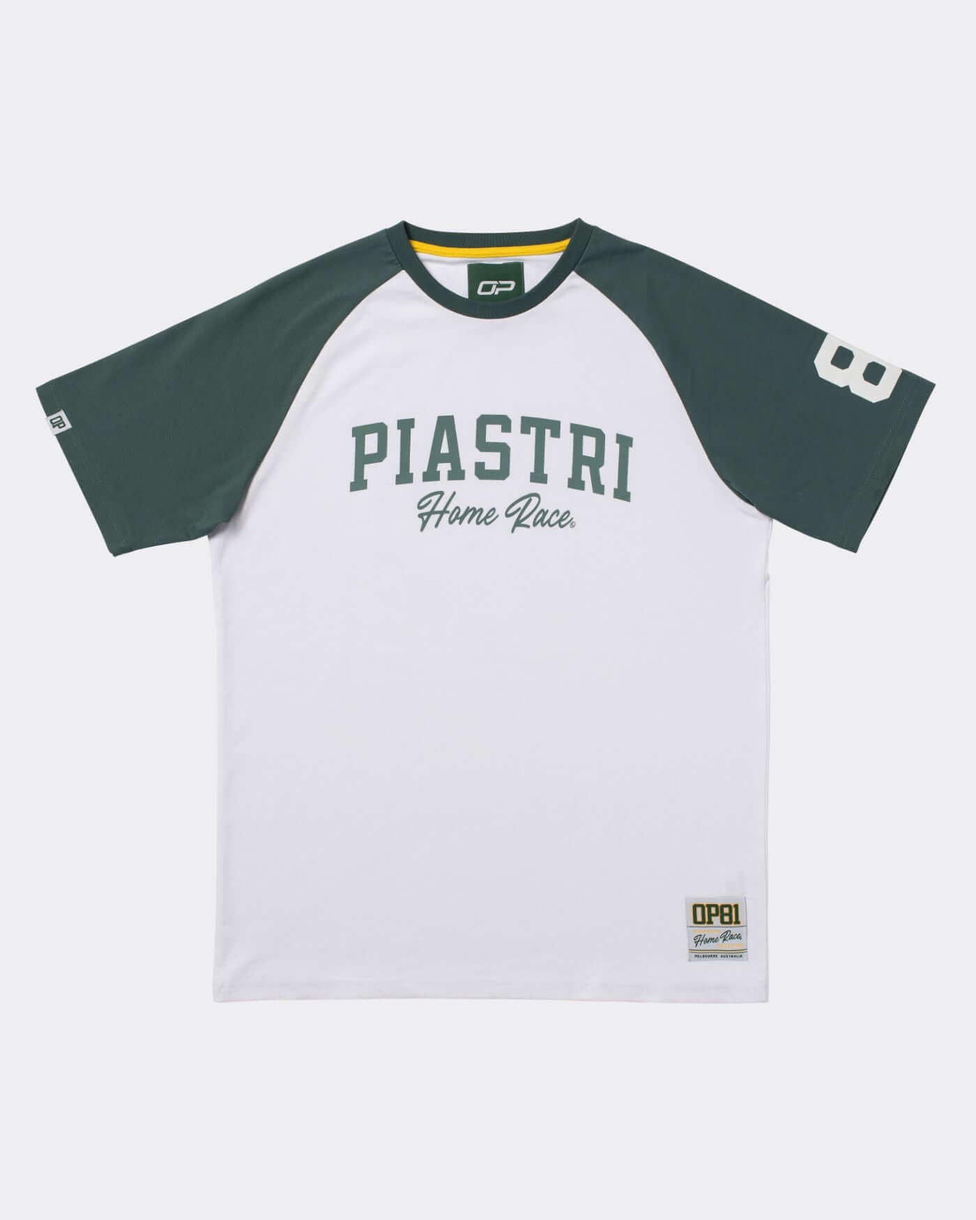Green and white Home Race T-Shirt featuring the text 'PIASTRI Home Place' and a sporty design with raglan sleeves.