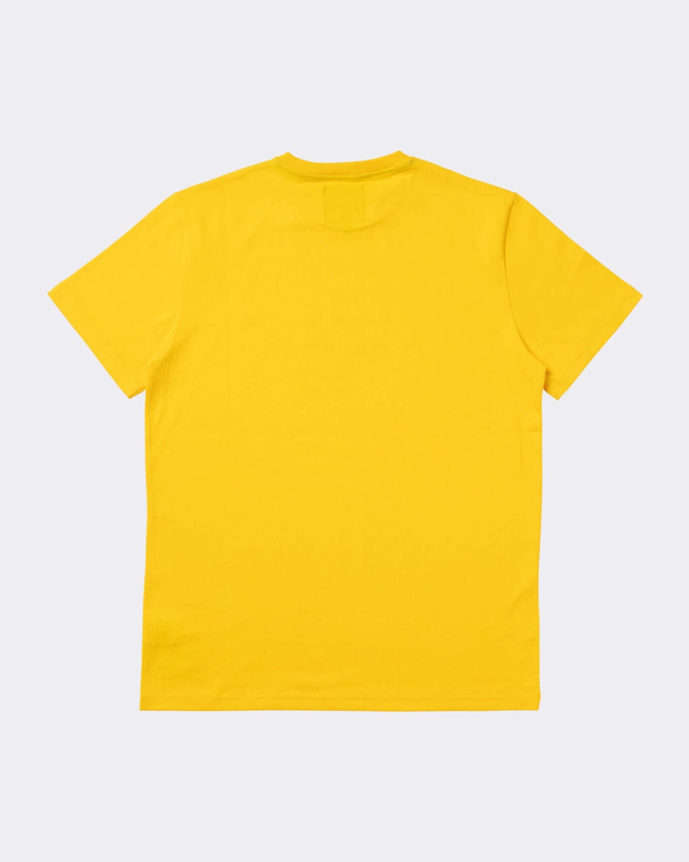 Back view of a bold yellow unisex race t-shirt with ribbed collar and hemmed sleeves.
