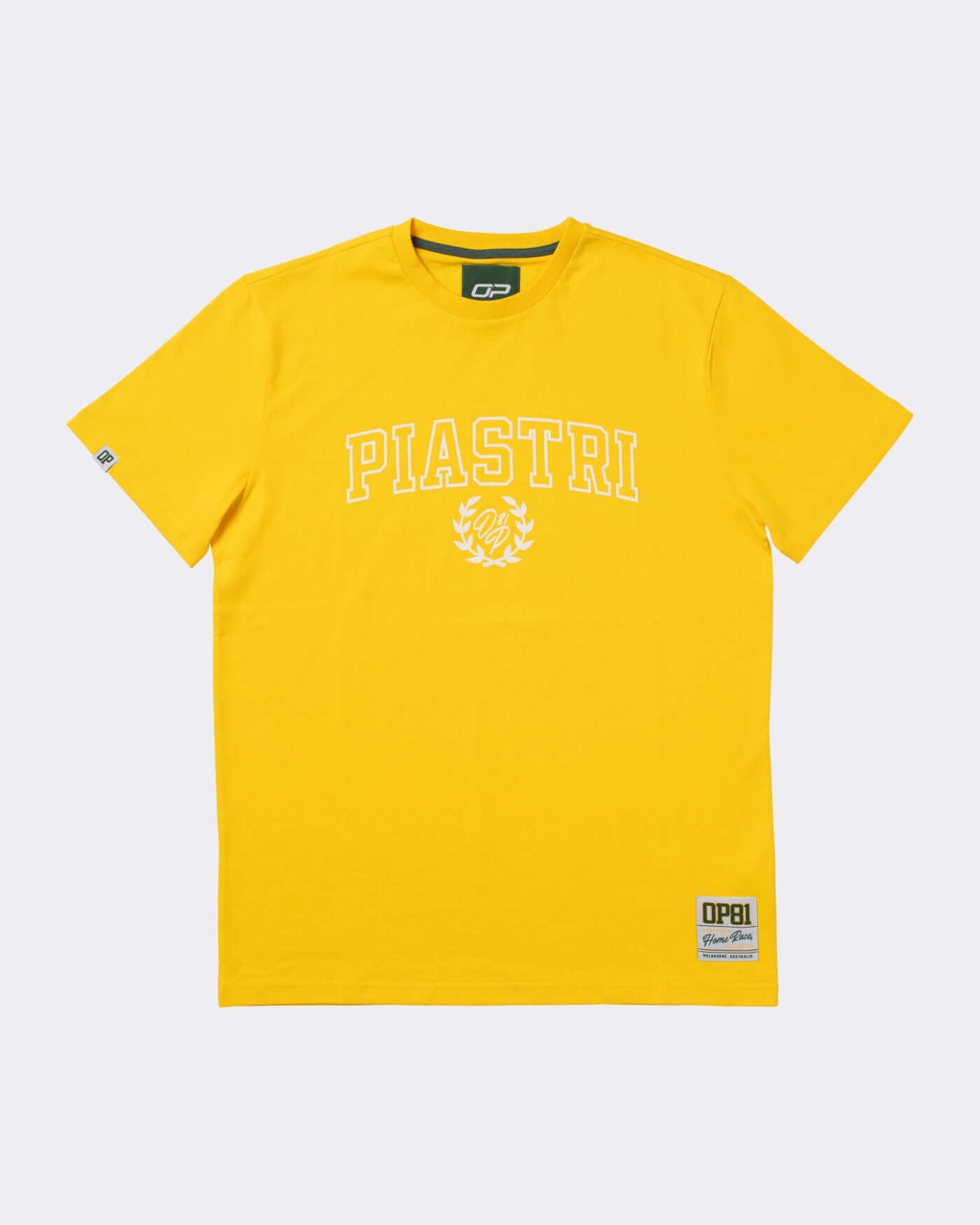 Bold yellow Home Race T-Shirt with 'PIASTRI' print, crafted from 100% cotton for all-season comfort.