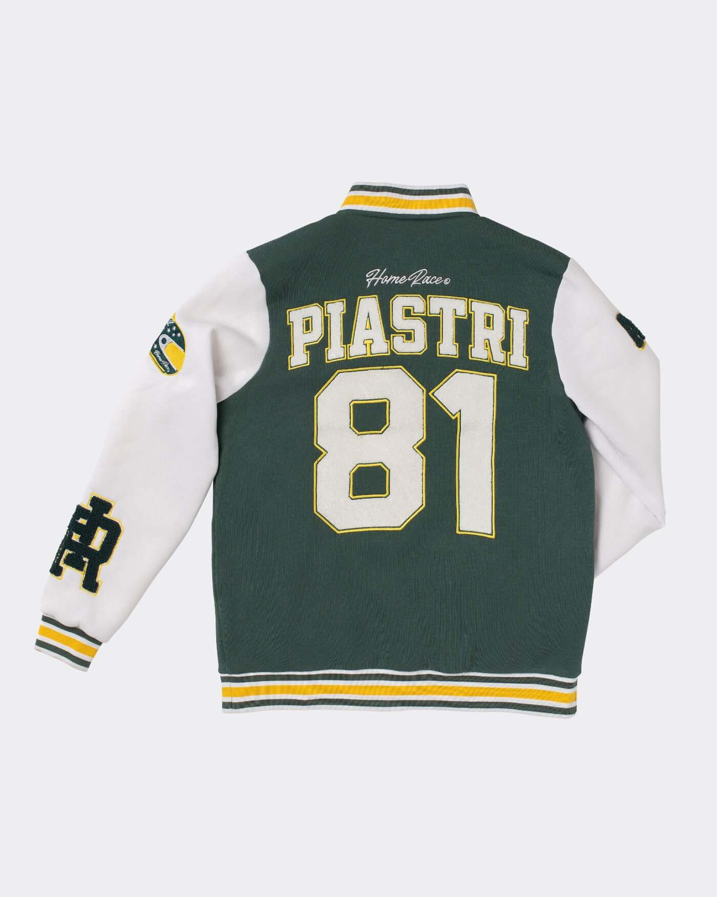 Home Race Varsity Jacket featuring embroidered 'PIASTRI 81' and vibrant chenille patches in green and white.