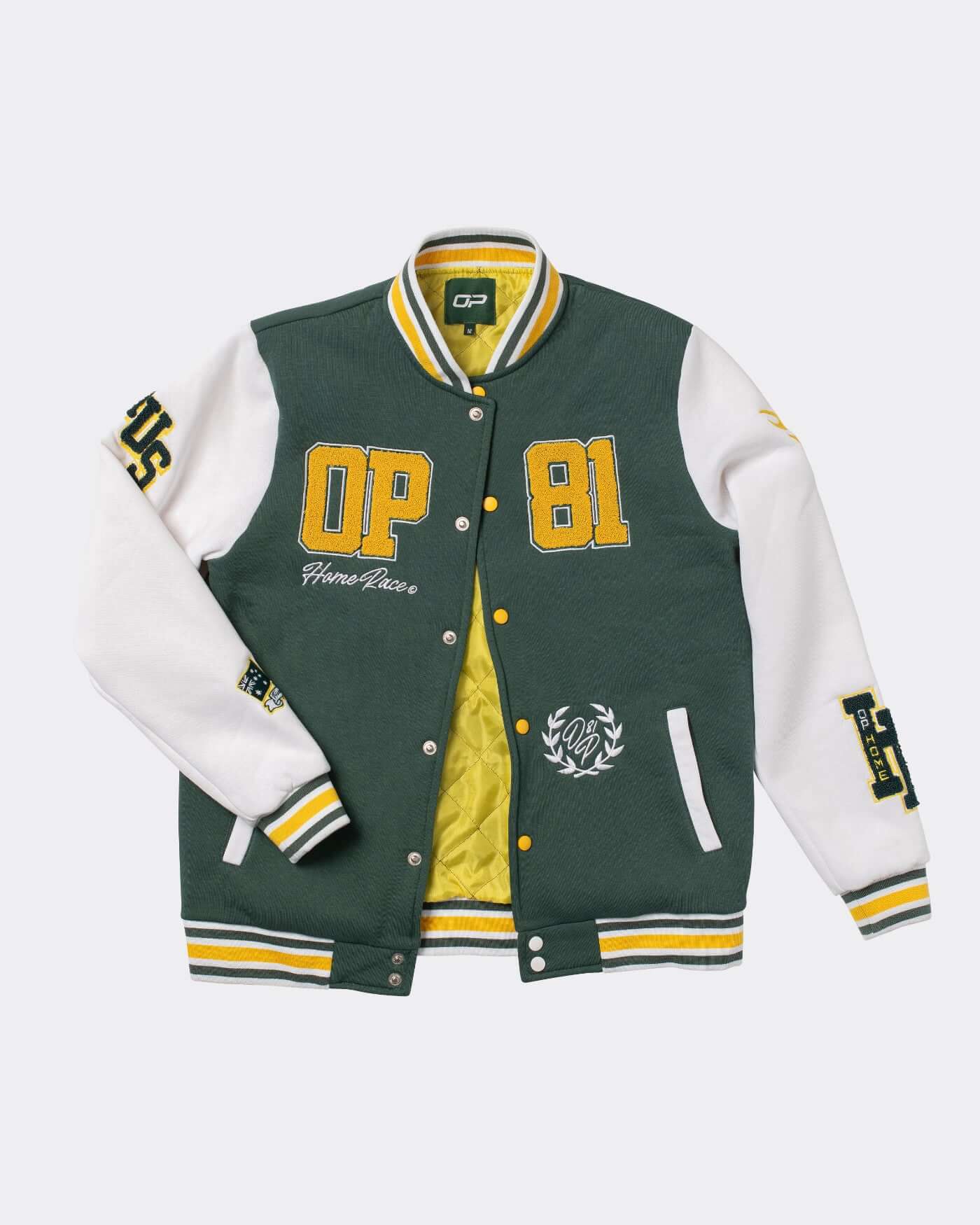 Home Race varsity jacket in green and white with chenille patches and stylish details for a classic sporty look.
