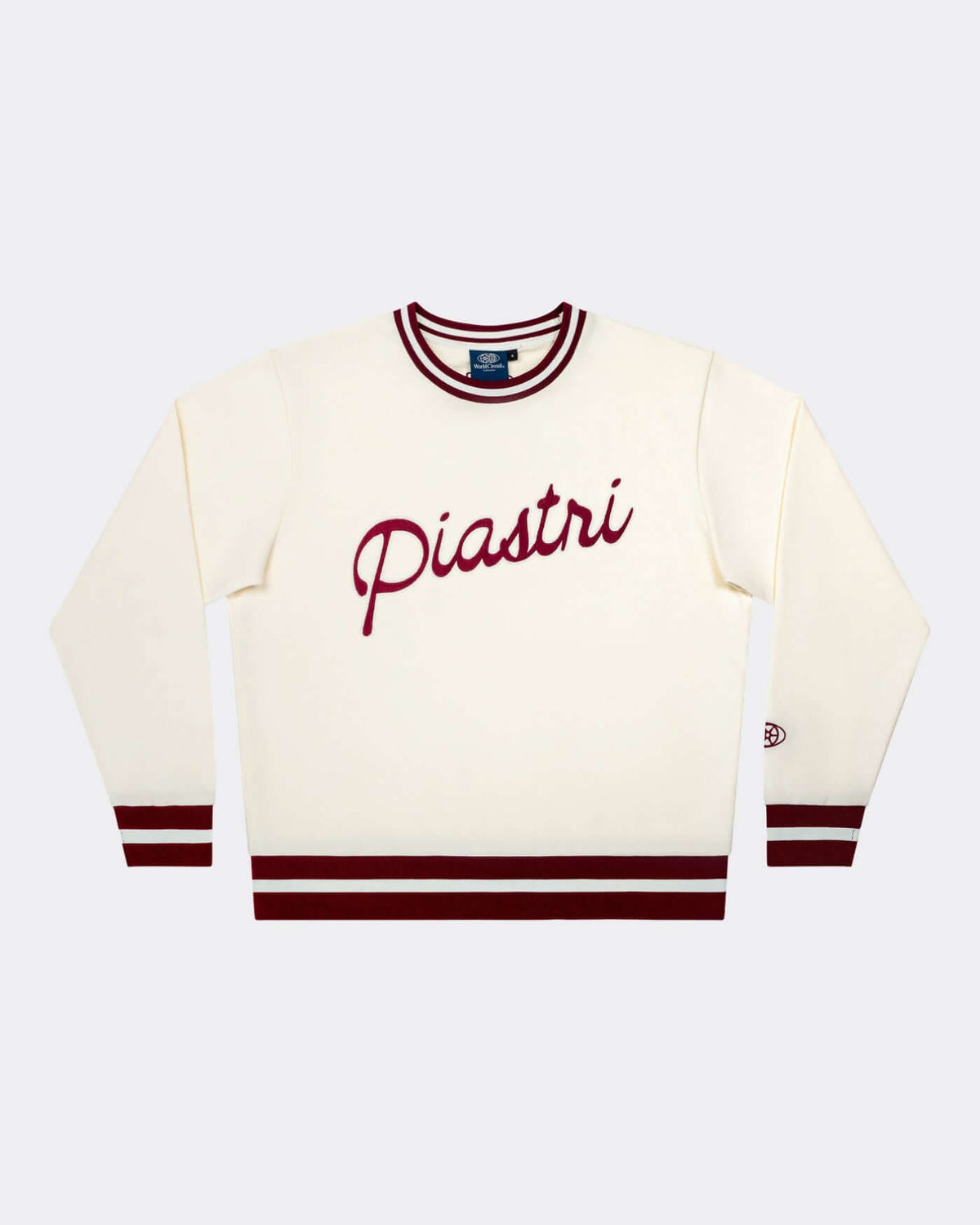 World Circuit Women's Sweater - Off White featuring burgundy embroidery and ribbed details.