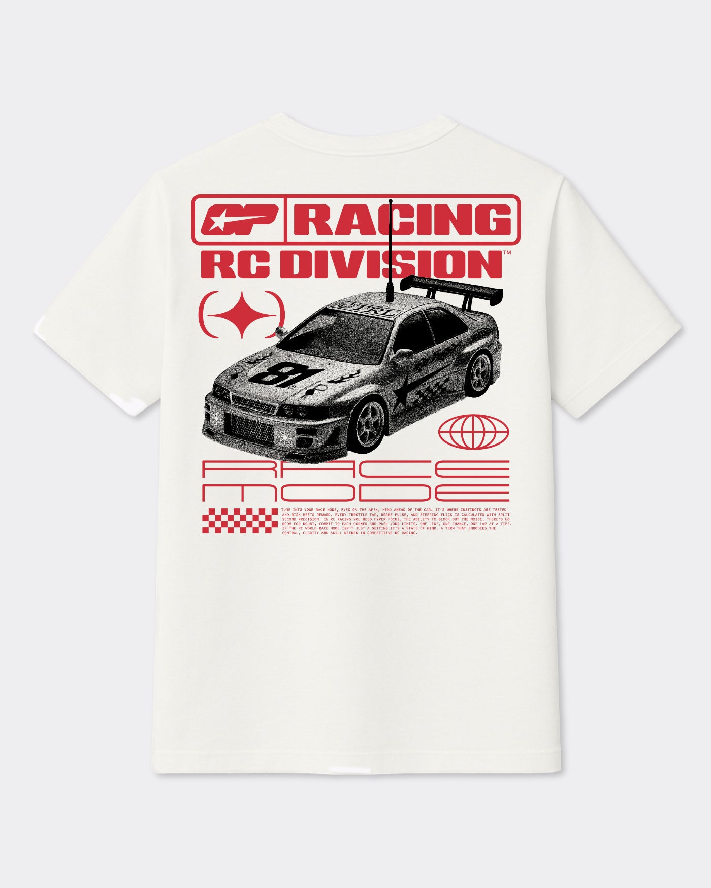 81 CLUB Origins T-Shirt - Off White with RC car design on the back featuring bold red graphics.